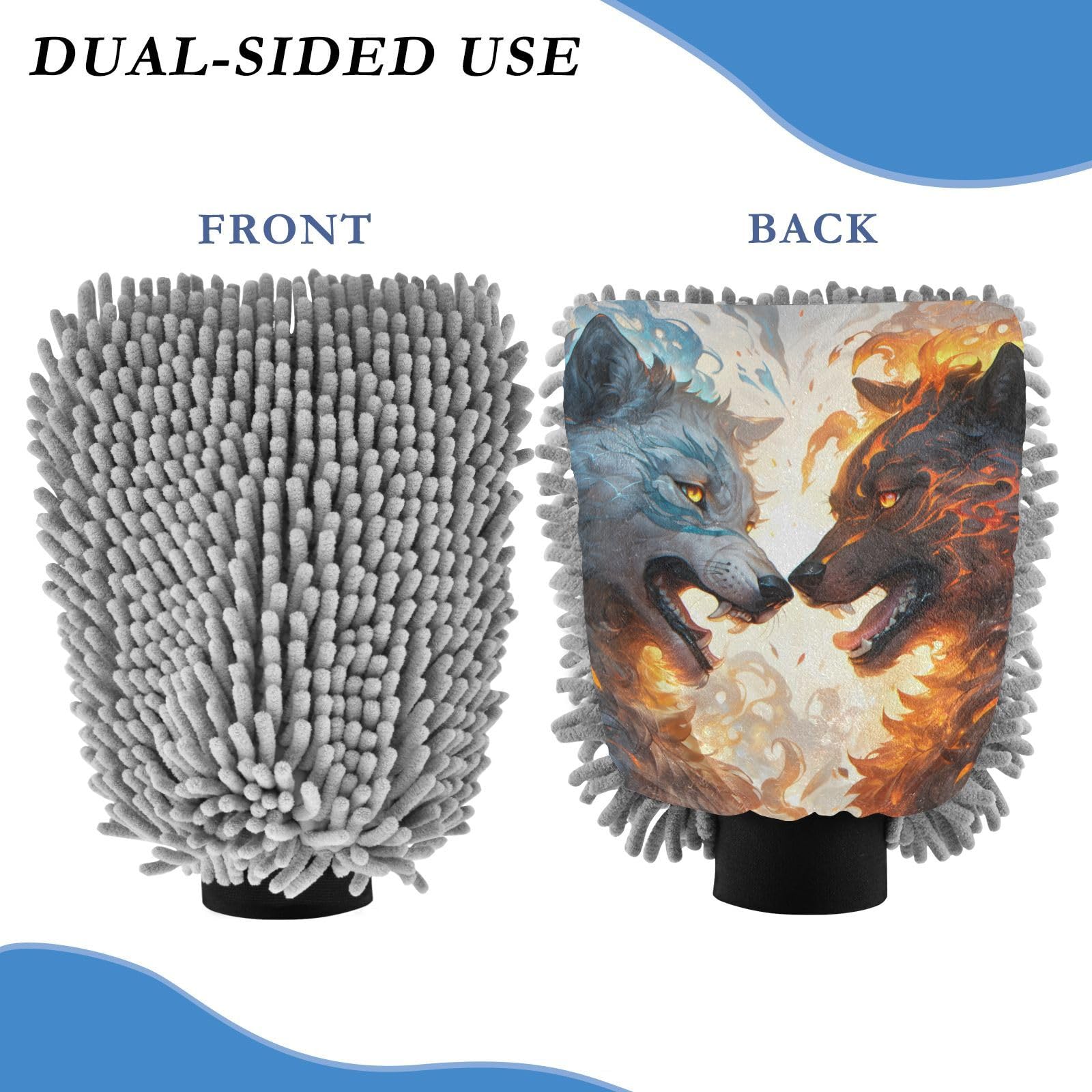 ALAZA Roarring Wolf Fire & Ice Car Wash Mitt Scratch Free, 2 Pack Absorbent Microfiber/Chenille Washing & Drying Mitts, L