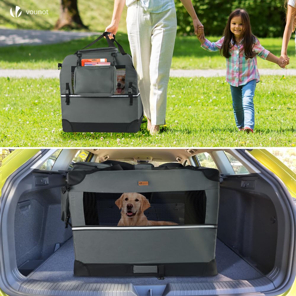 VOUNOT Opvouwbare draagtas voor honden en katten, transportbox, ademend, met afneembare pluche matras, handdraagbaar/schouderriem, ideaal voor huisdieren, XL, grijs