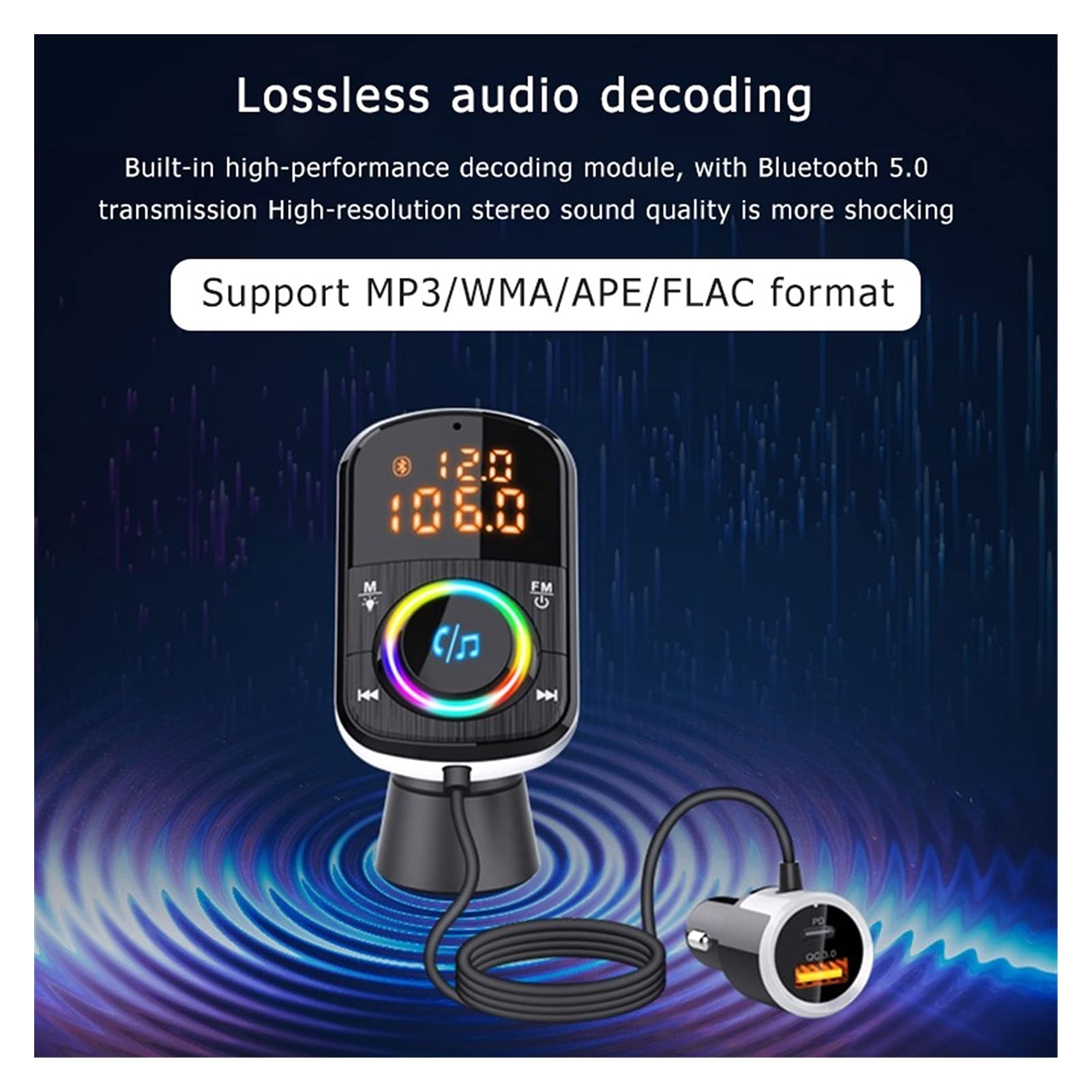 Adaptateur Audio Bluetooth Auto FÉMININ Emetteur Bluetooth V5.0 Adaptateur Radio sans Fil Musique MP3 Kit de Voiture de Joueur QC3.0 USB Type-C Charge Rapide