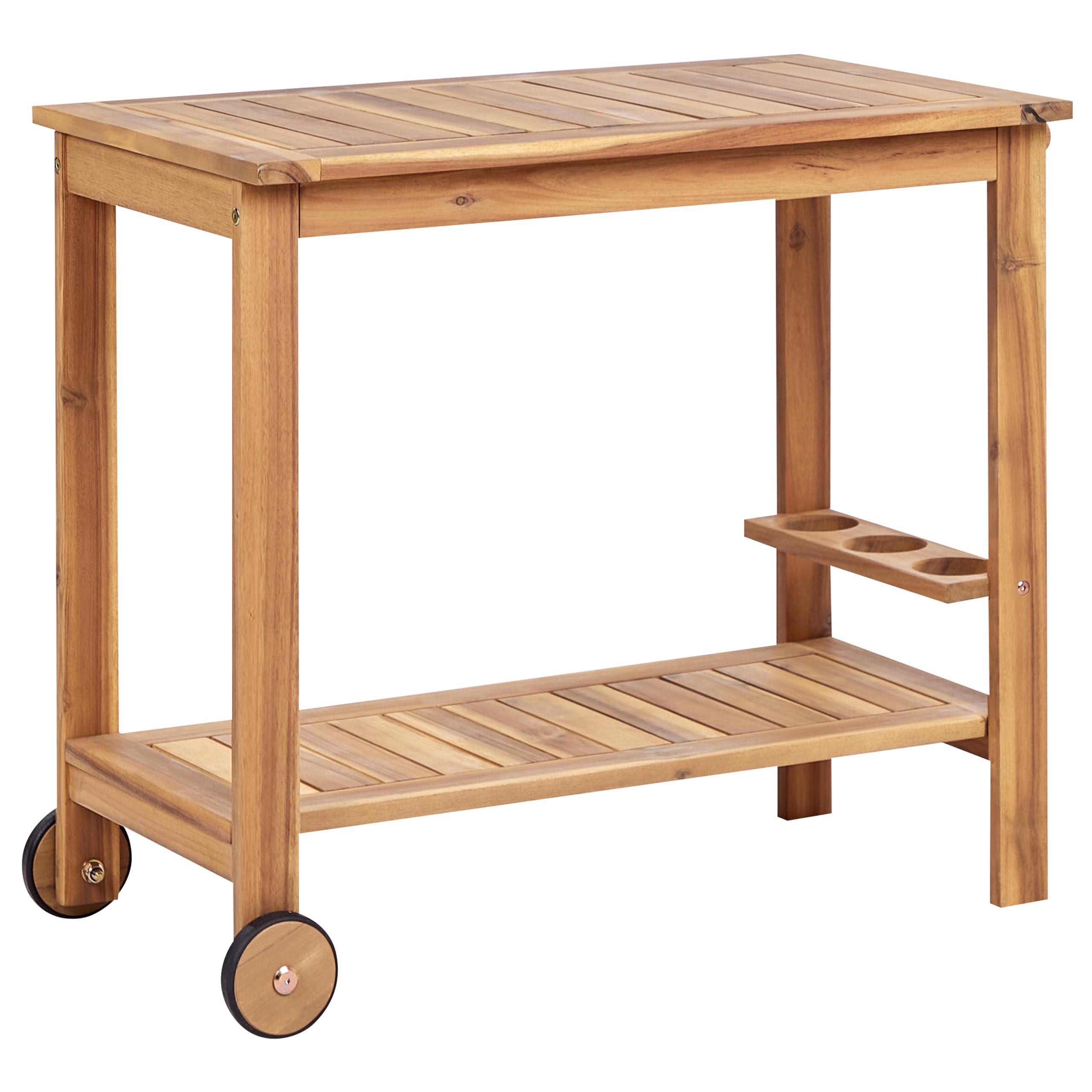Beliani Carrito de Servicio de jardín Carrito de té con Ruedas de 2 Niveles de Madera de Acacia certificada con Soporte para Botellas marrón Claro Sassari II