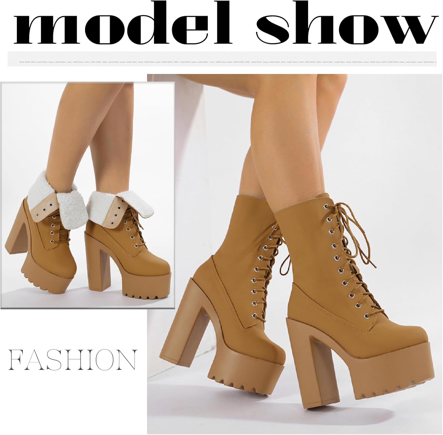 Women's Leather Platform Chunky High Heel Mid Calf Boots Warm Fur Lined Comfortable Round Toe Lug Sole Block Heel Lace Up Combat Boots Winter Fashion Party Increase Boots