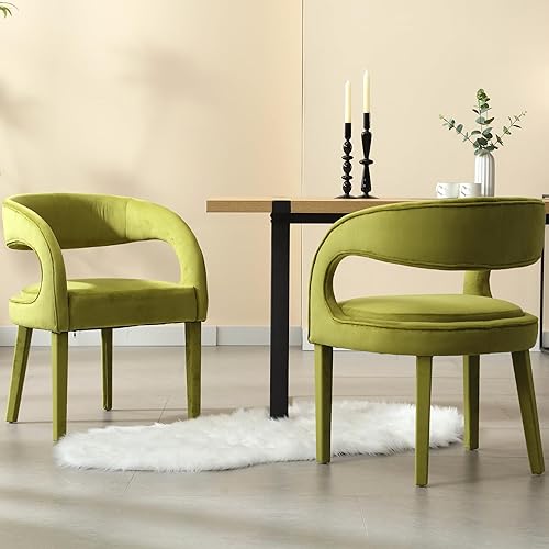 Modern Barrel - Juego de 2 sillas de comedor tapizadas de terciopelo verde, sillas de comedor con respaldo abierto, sillas auxiliares con patas de