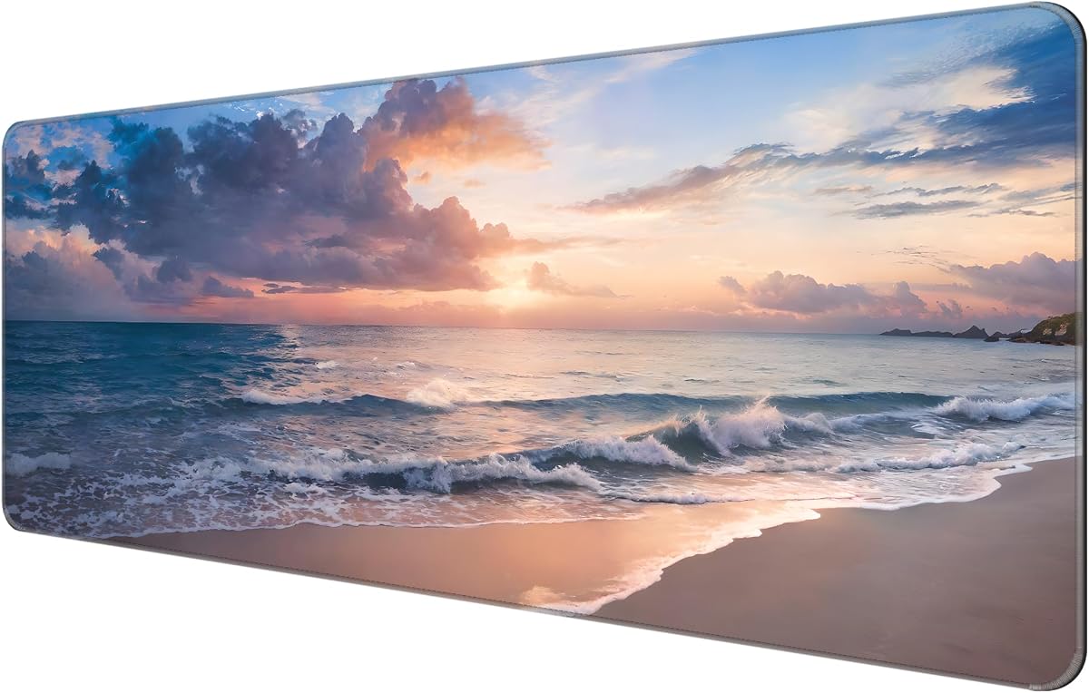 Alfombrilla de ratón grande y fina con bordes cosidos, Playa | 31.5"x11.8"x0.08", tapete de escritorio XXL extendido, base de goma antideslizante, superficie ultrasuave, impresión vívida lavable, para oficina y hogar
