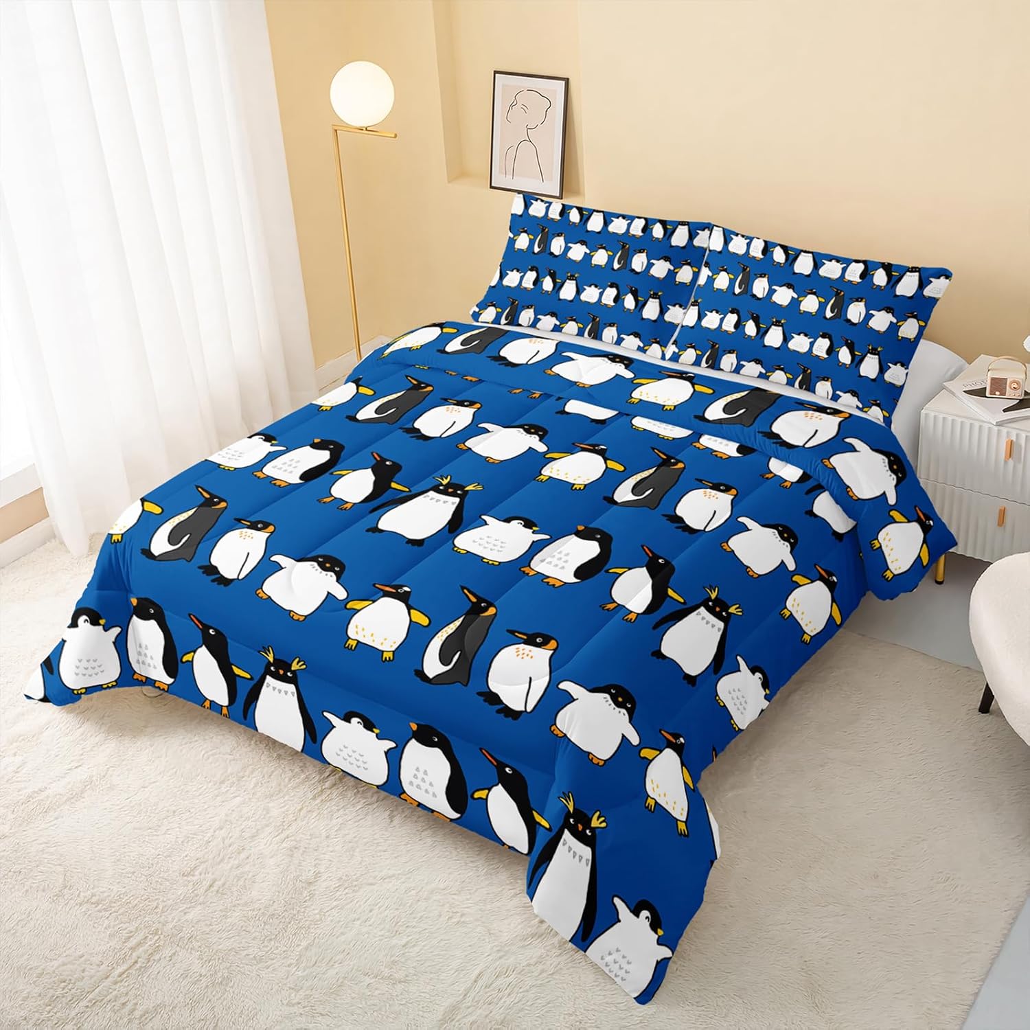 QOOMO Cute Penguins Kids Queen Comforter Set 3Pcs Winter Black White Penguin Bedding Set for Girls Boys Cartoon Animal Blue Printed Comforter with 2 Pillowcases Lightweight Microfiber for All Seasons