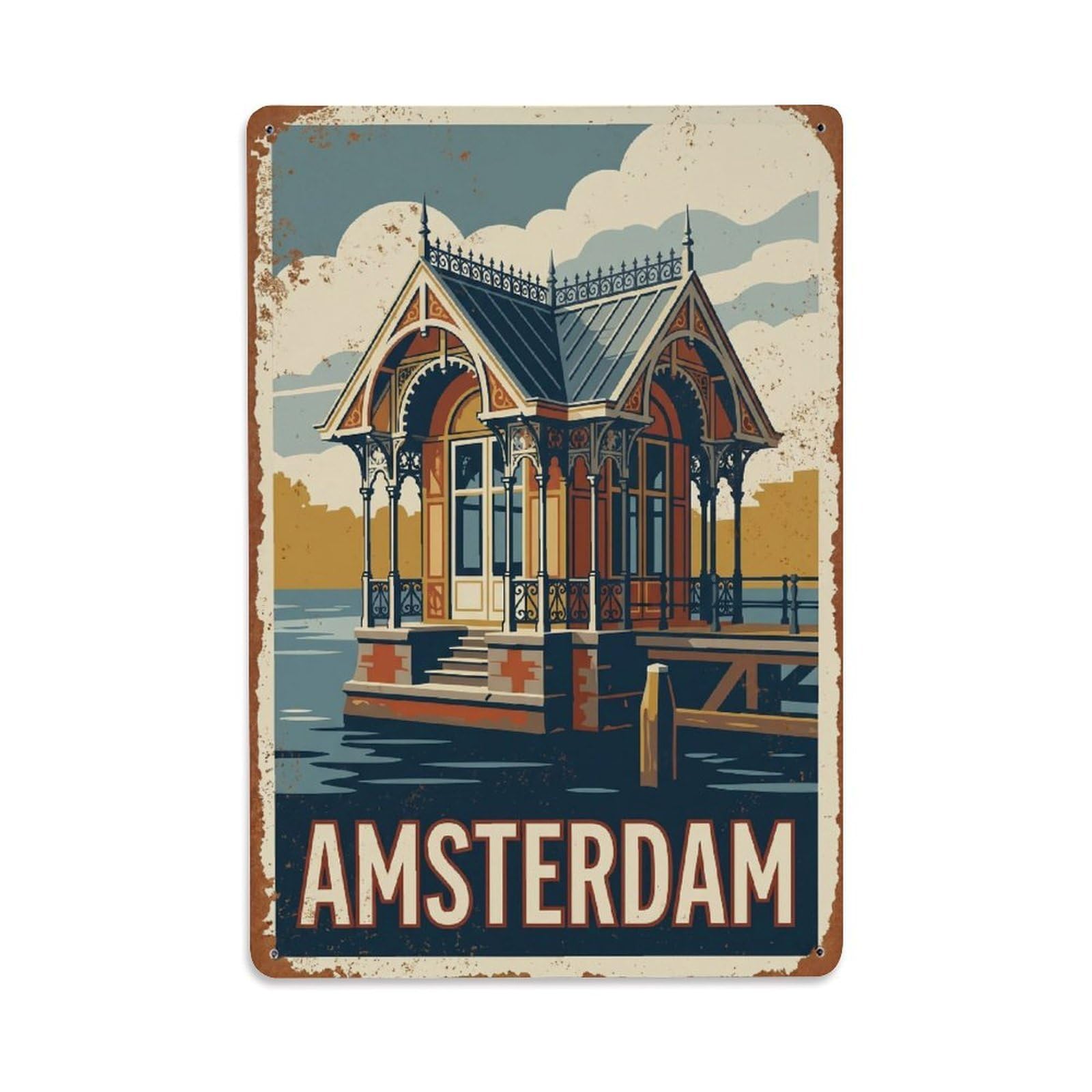 Okngb Style Amsterdam Pavilion Garden Waterway Vintage Tourism Metal Tin Sign Plaque Wall Decor For Cafe, Man Cave, Club Bar, Office, Home Garden Round Metal Poster 8X12inch