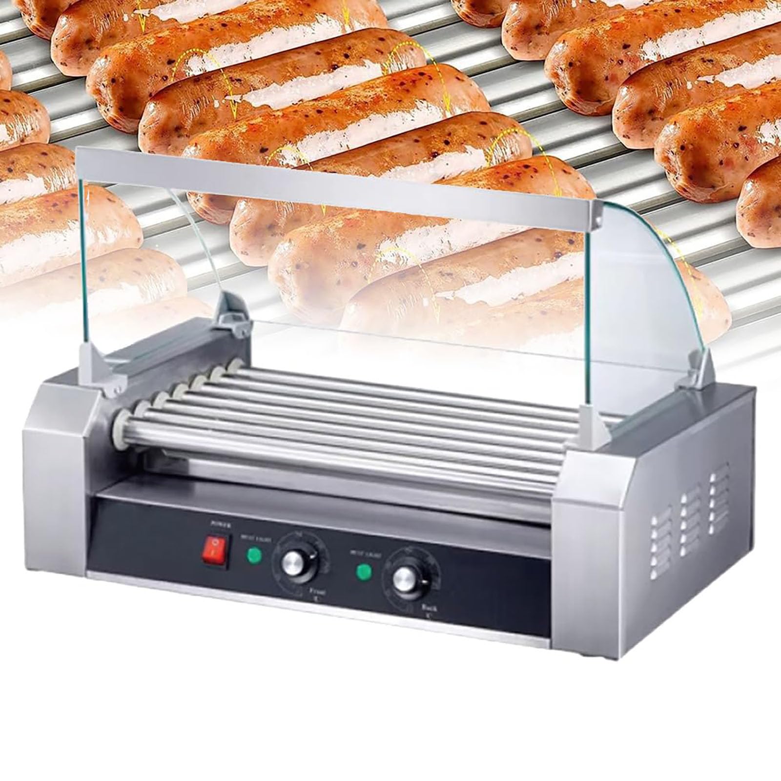 Olla para Parrilla de Salchichas con Rodillo para Perritos Calientes, 5/7/9/11 Rollos, 2 Zonas de Calentamiento, Rodillo para Perritos Calientes de Acero Inoxidable, Ajuste de Temperatura de 5 Sticks