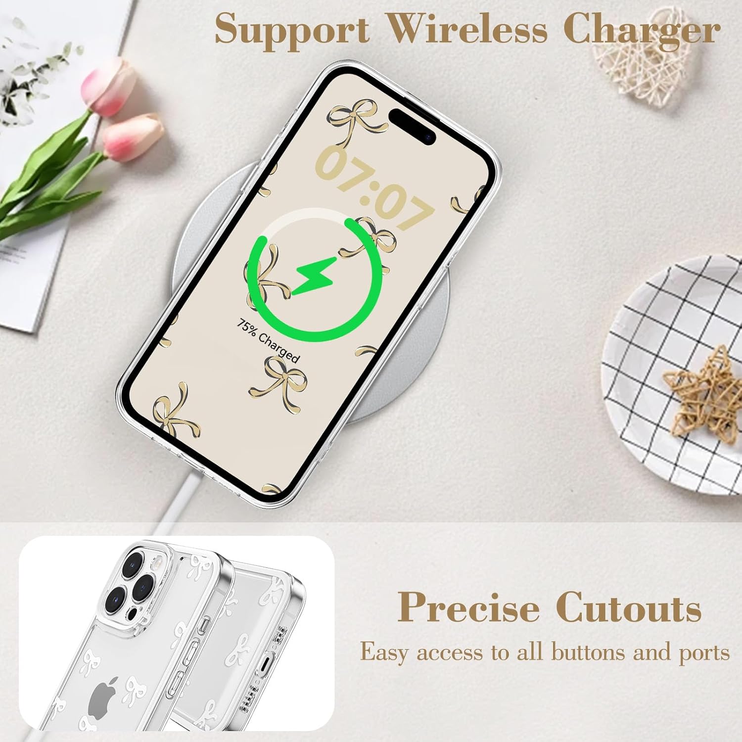 EYZUTAK Case for iPhone 13 Pro Max, Clear Cute Ribbon Bowknot Pattern Aesthetic Transparent Phone Case Raised Camera Protection Stylish Slim Soft Durable TPU Protective Cover for Women Girls - White - Image 5