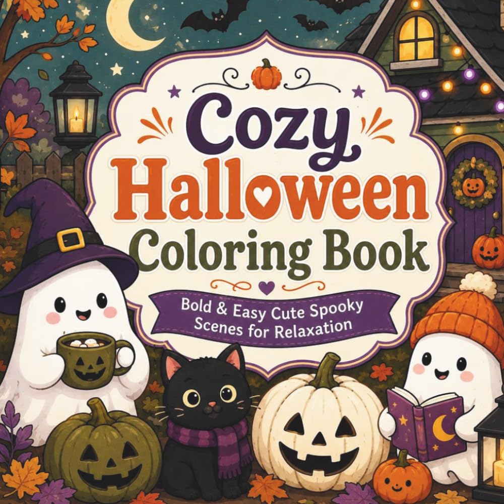 Cozy Halloween Coloring Book: Bold & Easy Cute Spooky Scenes for Relaxation | 50 Adorable Ghosts, Witches, Pumpkins, Black Cats & Cozy Halloween Adventures