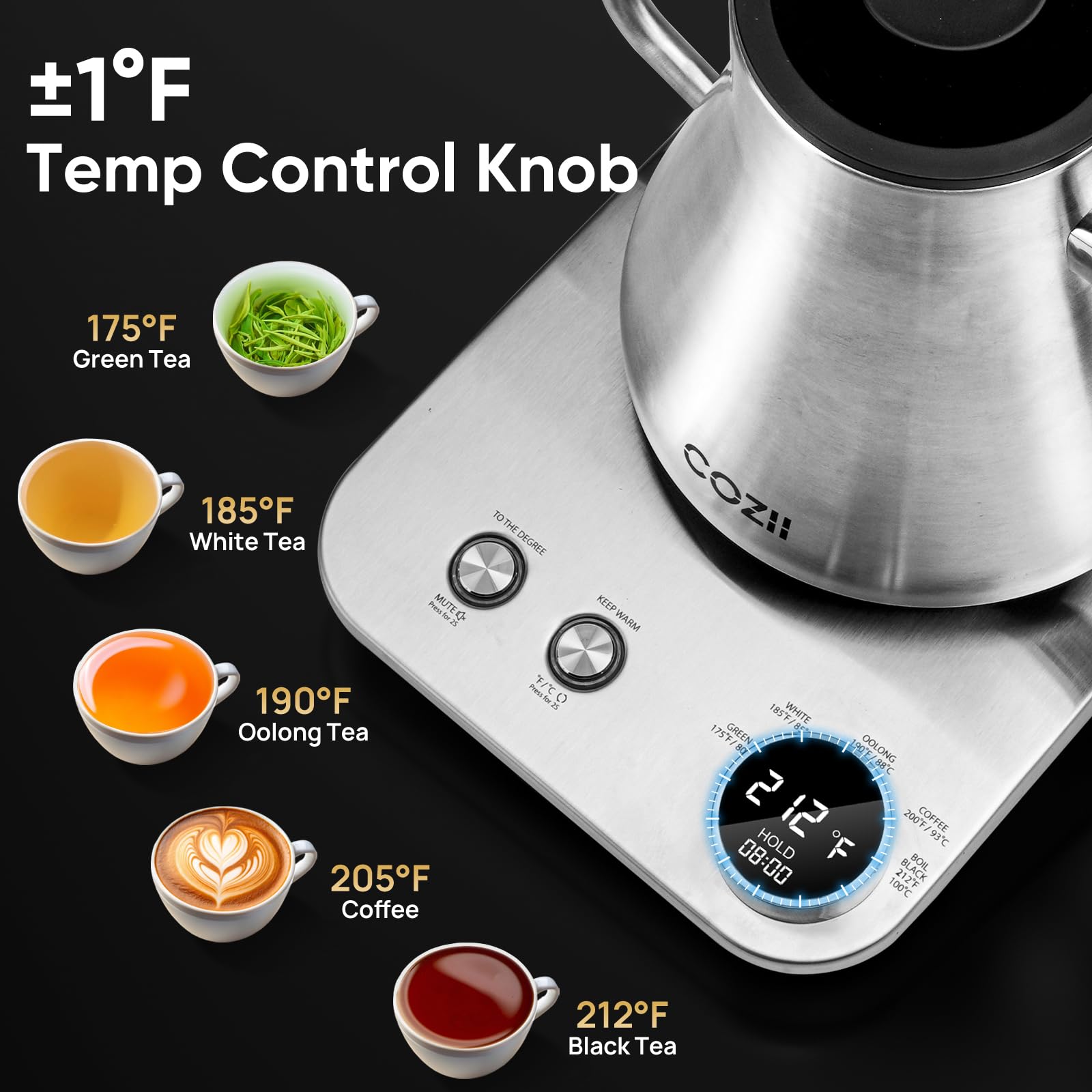 COZII Gooseneck Electric Kettle with Temperature Control, 24H Keep Warm Pour Over Kettle for Coffee & Tea,±1? Temperature Control 1200W Quick Heating Water Boiler with 50pcs Coffee Filter,0.9L