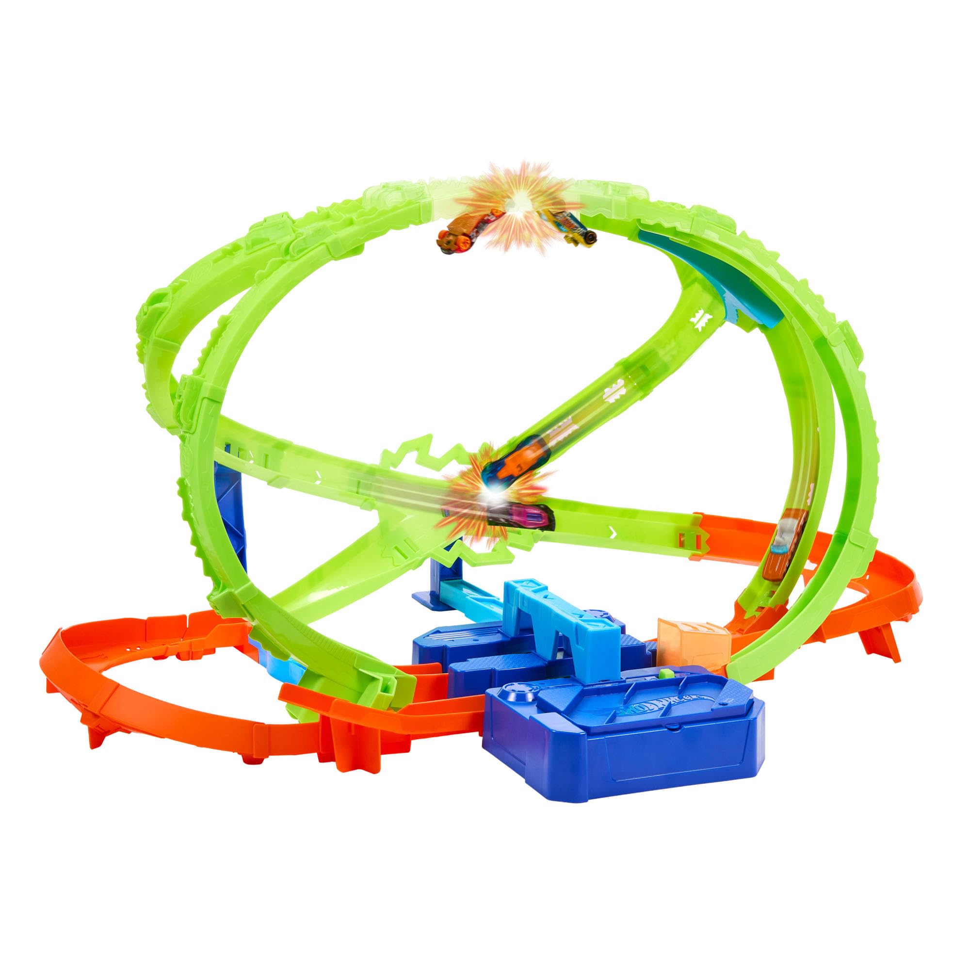 Hot Wheels Stunt Tracks Scontri nell'Ipersfera Set scontri e macchinina | Lanciatore motorizzato lancia il veicolo scala 1:64 in un loop rovesciato, 2 zone di scontro, Speed Snap Track, JTC74