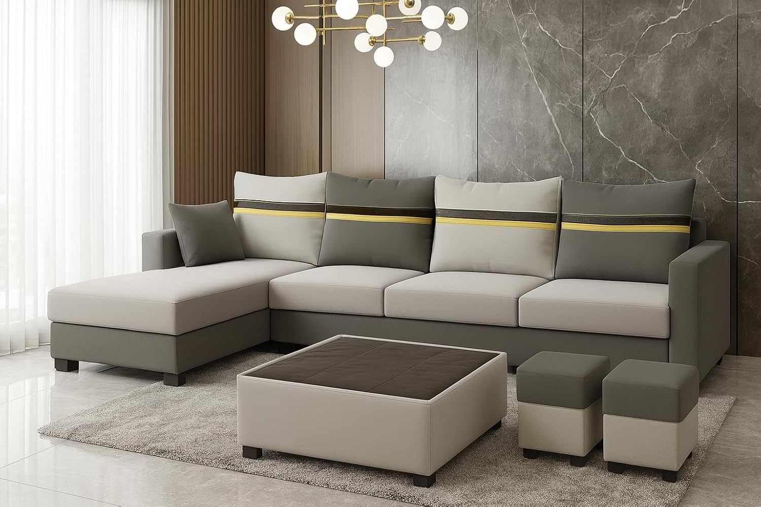 CASASTYLE Wallis 8 Seater Fabric LHS L Shape Sofa Set with 1 Centre Table & 2 Puffy (Light Grey- Dark Grey) Velvet Finish | Comfortable Sectional Sofa for Living Room CASASTYLE Wallis 8 Seater Fabric LHS L Shape Sofa Set with 1 Centre Table & 2 Puffy (Light Grey- Dark Grey) Velvet Finish | Comfortable Sectional Sofa for Living Room