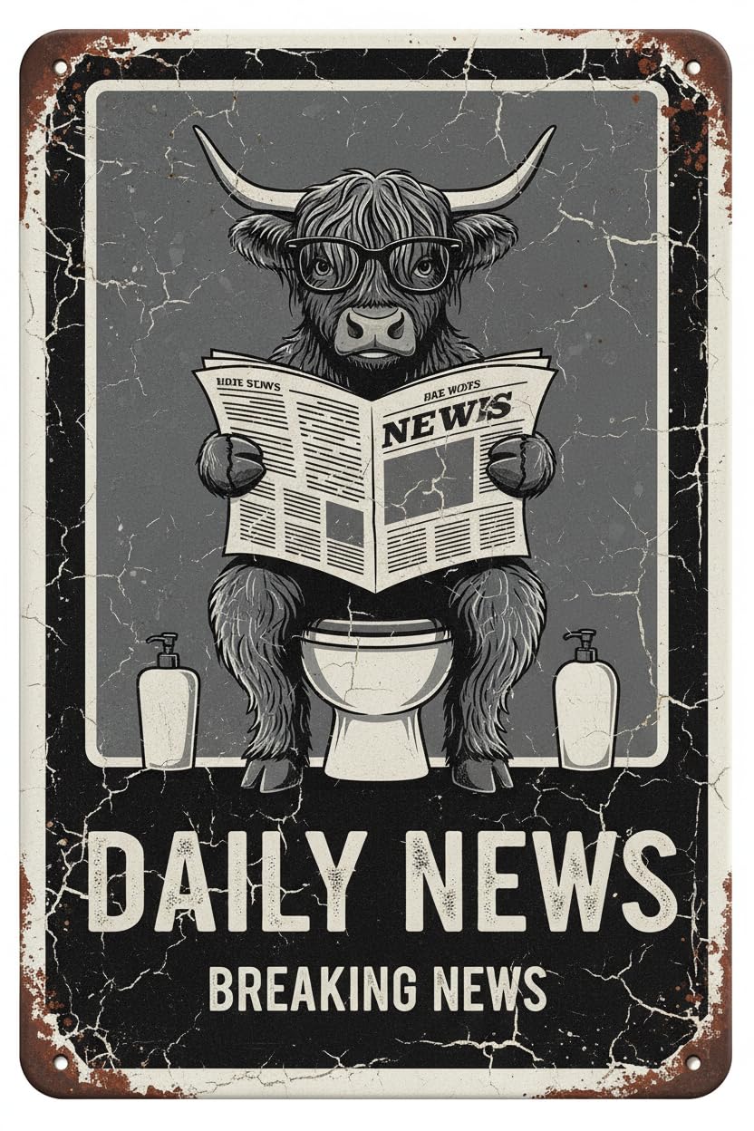 Vintage Metal Tin Sign Metal Sign 8X12 Inch, Cow Reading Newspaper Funny Tin Sign Wall Art Decor For Home, Bathroom, Toilet Decoration Custom Private Property Signs Outdoor
