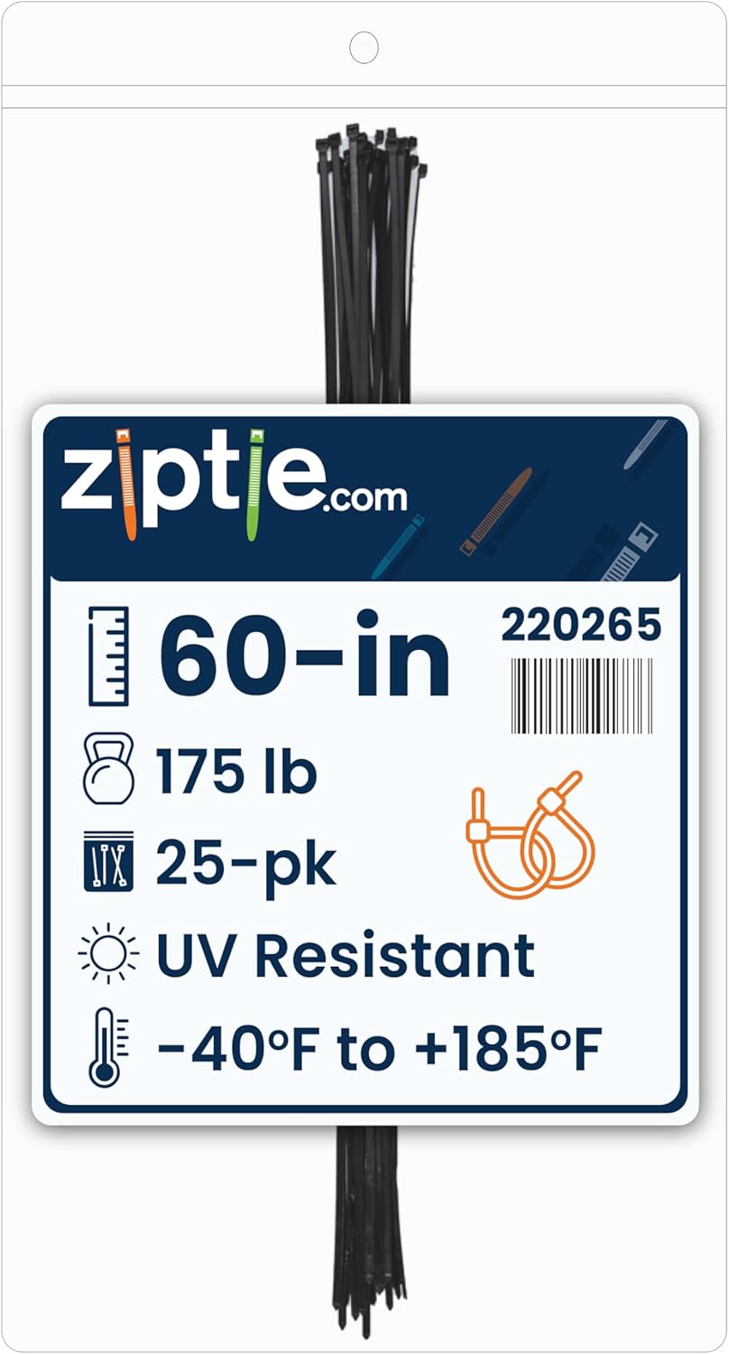 ZipTie.com 60-inch UV Resistant Black Multi-Purpose Zip Tie, 175-lb Tensile Strength, UL 21S Listed, 25-Pack