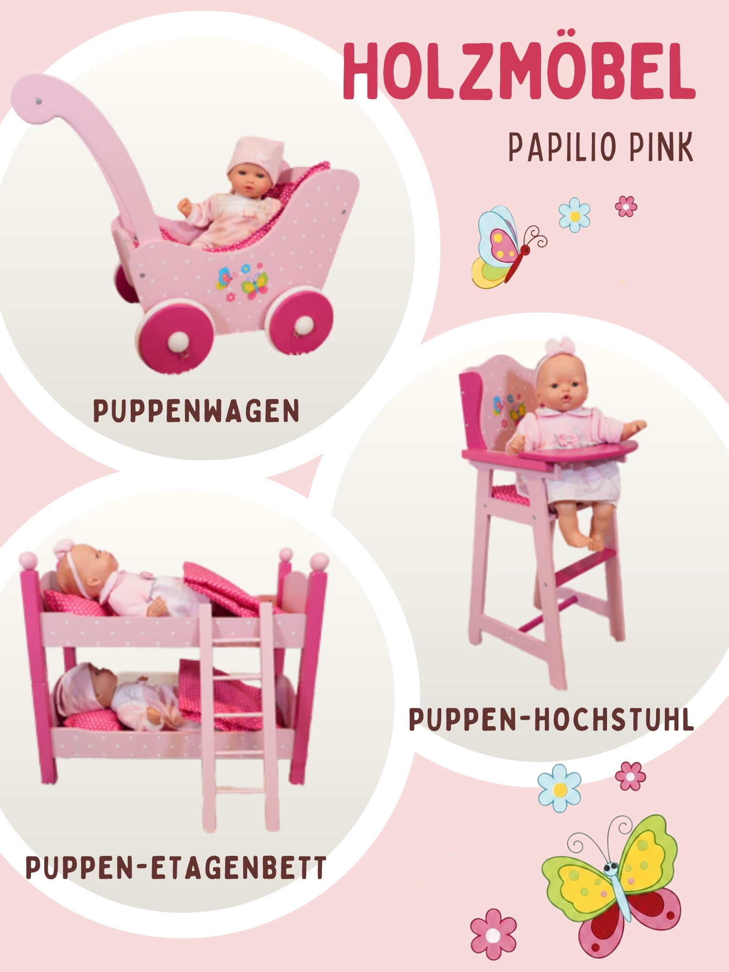 Bayer Chic 2000 Holz-Puppenwagen | Papilio pink | Für Puppen bis 54 cm | Stabiler Puppenwagen aus Holz. Idealer Begleiter für Kleinkinder. Feste Schiebehöhe: 43 cm. Für Puppen bis 54 cm.