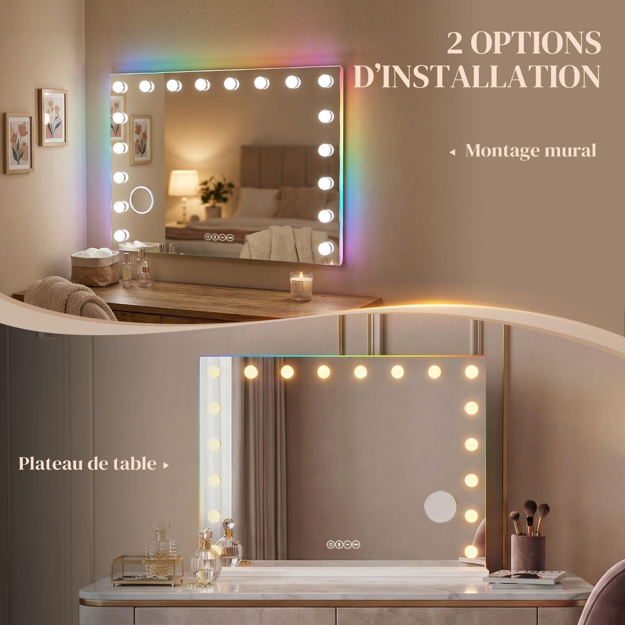HOMCOM Miroir Maquillage Hollywood 80x60cm Miroir Coiffeuse LED 18 Ampoules dimmables 3 Couleurs d'éclairage lumière RGB Haut-Parleur Bluetooth grossissement 10x contrôle Tactile sur Table/sur Mur