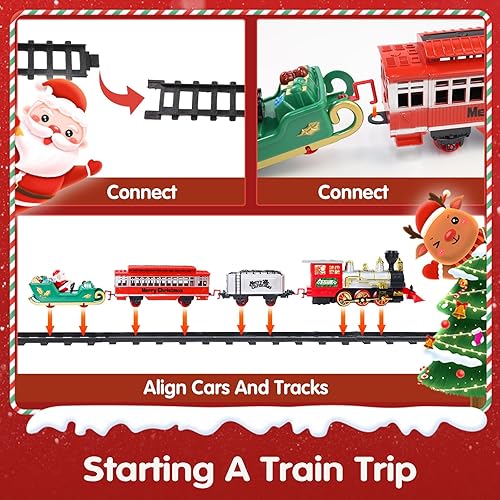Miniatura 5 de Juego de tren de árbol de Navidad con humo, luz y sonido, motor de vapor eléctrico de juguete con silbato, decoración de tren giratorio flotante
