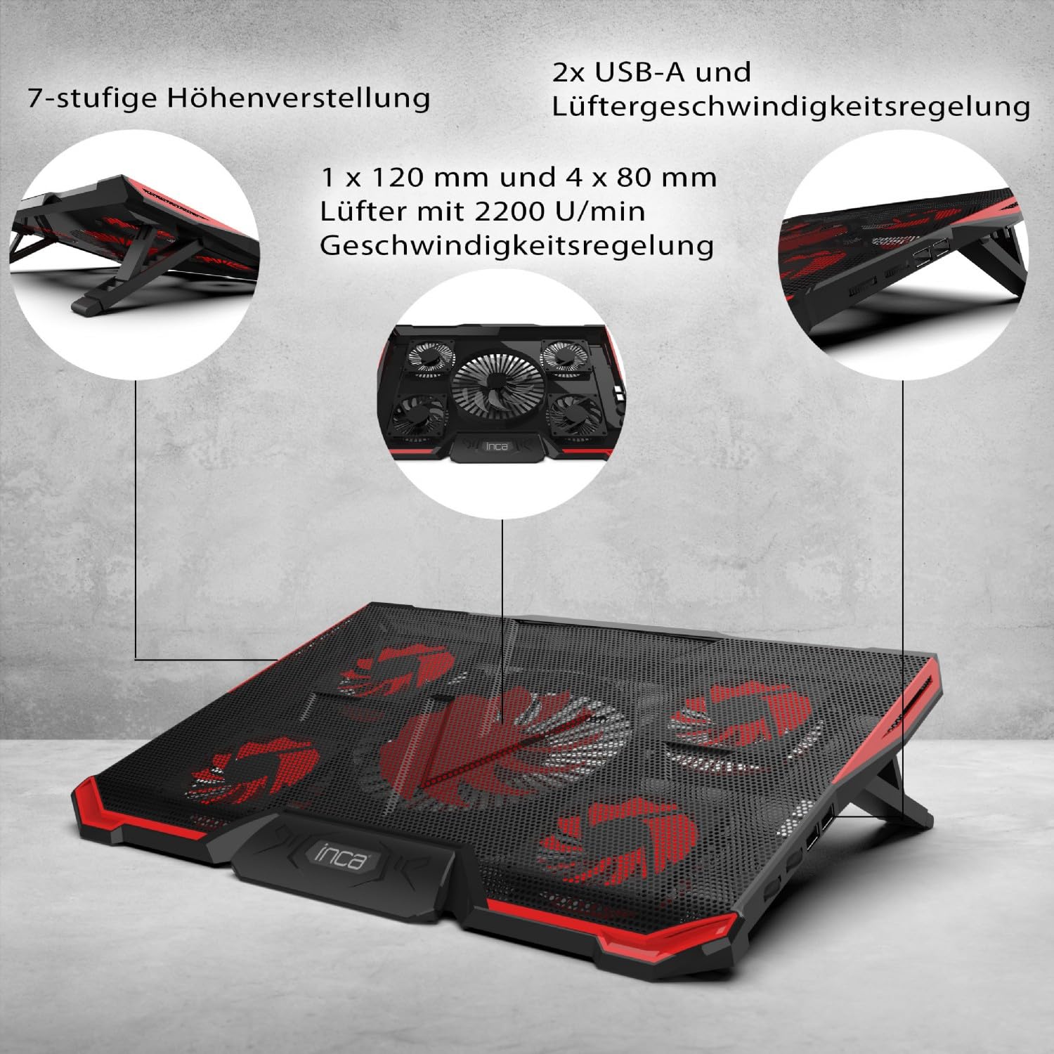 inca INC-611GMS - Laptop Kühler, Laptop Kühlpads für 14-17 Zoll Notebook, 5 Lüfter mit LEDs, 2200 RPM, 5 Höheneinstellungen, Gaming Cooler, Schneller Kühlvorgang