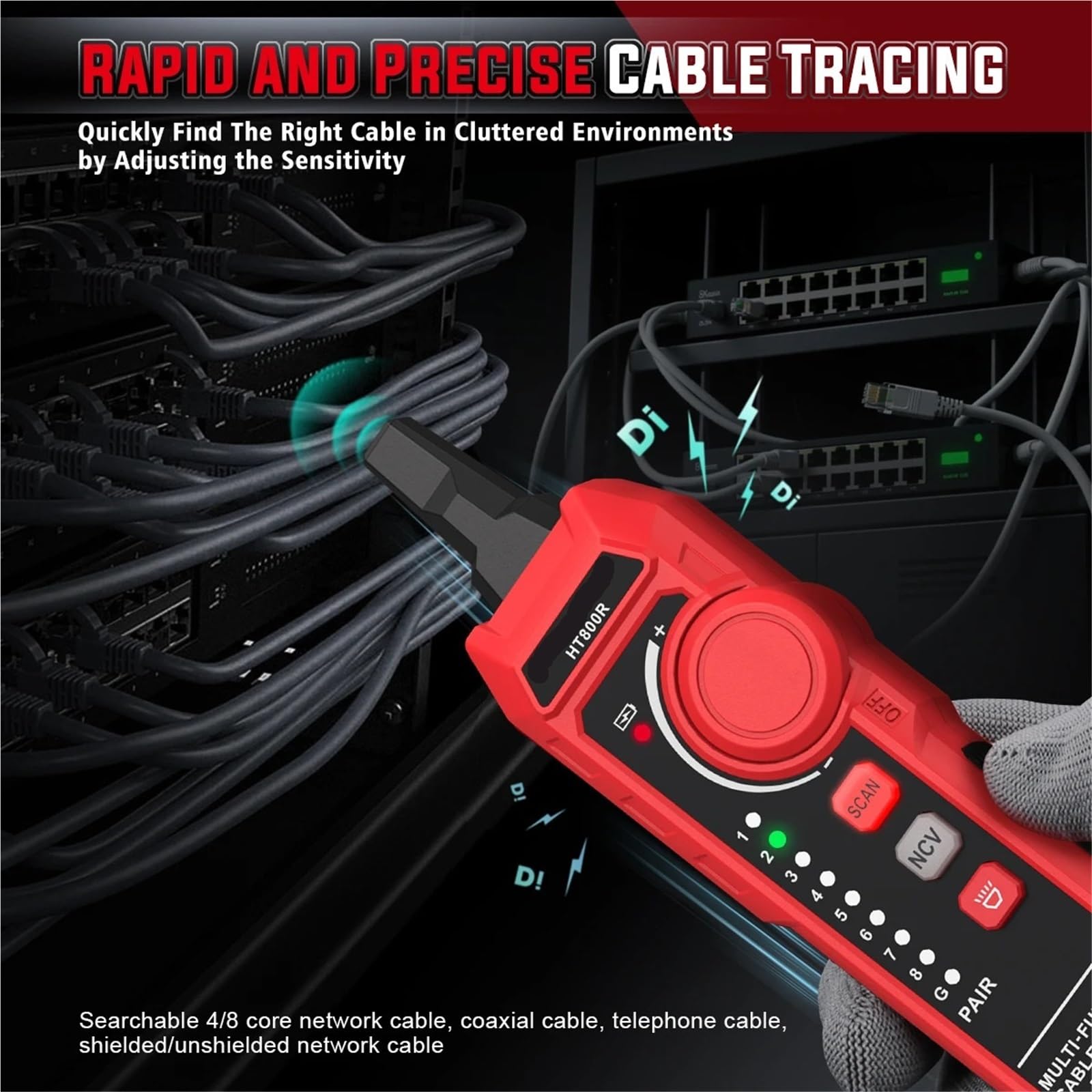 Rastreador de cables RJ11 RJ45 HT800A, comprobador de cables de red, herramienta de prueba de red Cat5 Cat6, localizador de líneas de red, rastreador de cables