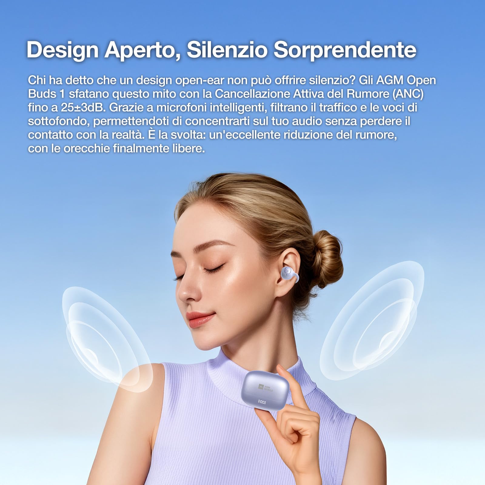 AGM Open Buds 1 Auricolari Bluetooth 5.4 Wireless, Design Open-Ear & Microfono ENC, Cuffie Leggere Senza Dolore all'Orecchio, IPX4 Impermeabile, Custodia USB-C con Display LED