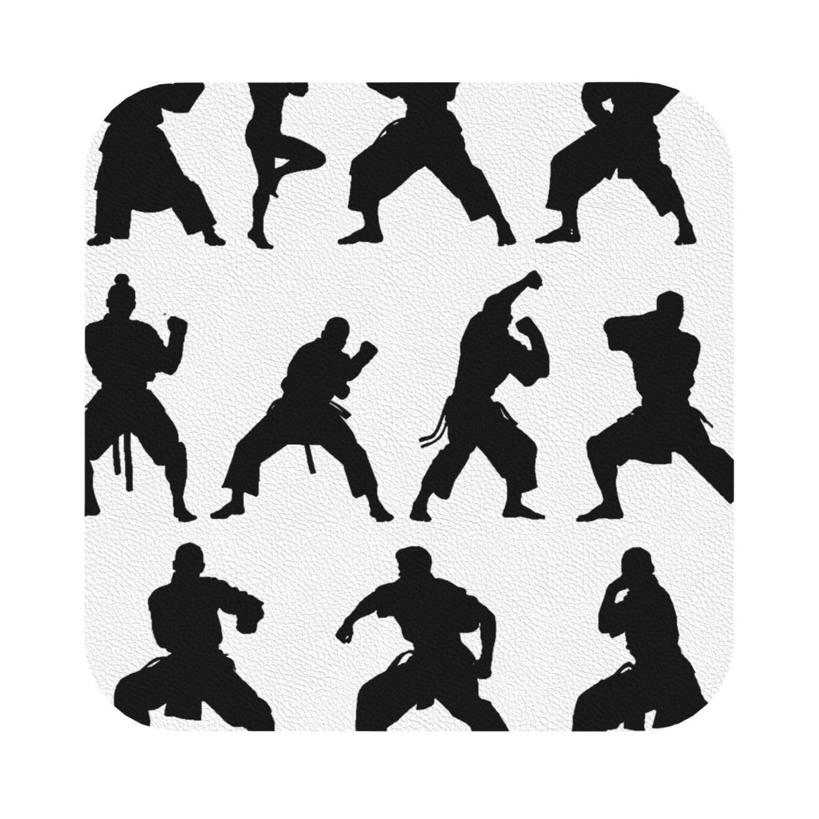 Silhouettes of Martial Arts Print Leather Coaster Set of 6, Square Coasters Table Decorative Coffee Cup Beverage Coasters Wine Beer Bar Coasters for Hot Drinks Table Protection