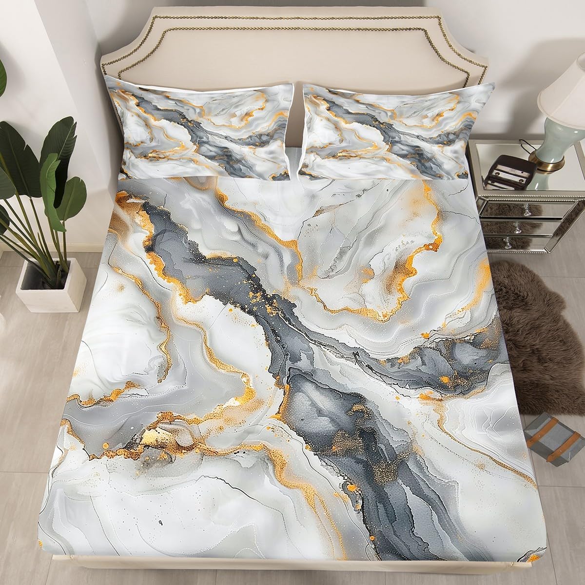 Abstract Stone Texture Artwork Full Size Fitted Sheet No Top Sheet,Golden Marble Modern Fashion 3 Pieces Kids Teenager Room Decor Marbling Pocket 2 Pillowcases