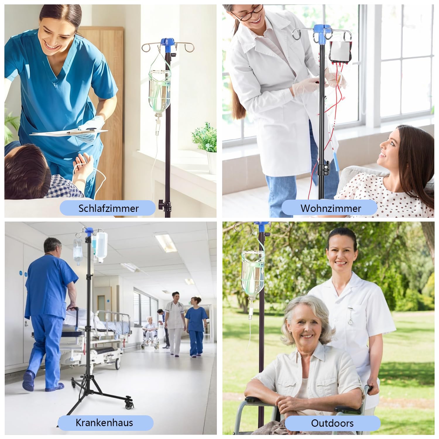 Supporto per infusione regolabile con ruote, altezza regolabile 90 – 190 cm, pieghevole con 4 ganci, 3 tasche in rete e 1 custodia, supporto portatile per IV per ospedale e cura della casa