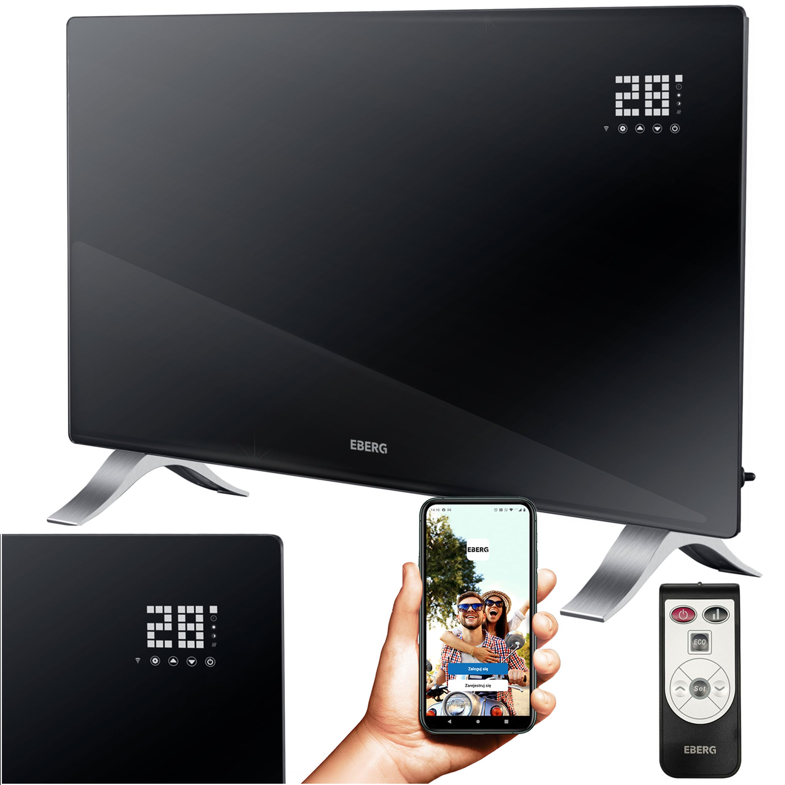 EBERG EVI PRO Grzejnik konwektorowy 2400 W WiFi, szklany panel, pilot, termostat cyfrowy, montaż ścienny lub stojący