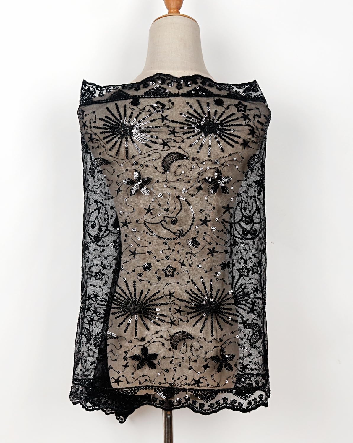 L'VOW Women's Glittering 1920s Scarf Mesh Sequin Wedding Cape Fringed Evening Shawl Wrap - Image 4