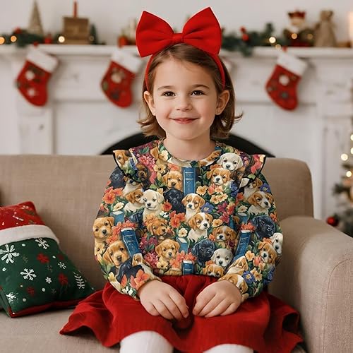 WELLFLYHOM Sweatshirts for Girls 1-8T Long Sleeve Pullover Shirts Top Graphic Fall Clothes Drop Shouder Tops(Puppy Dog Book Lover Brown,1-2T)