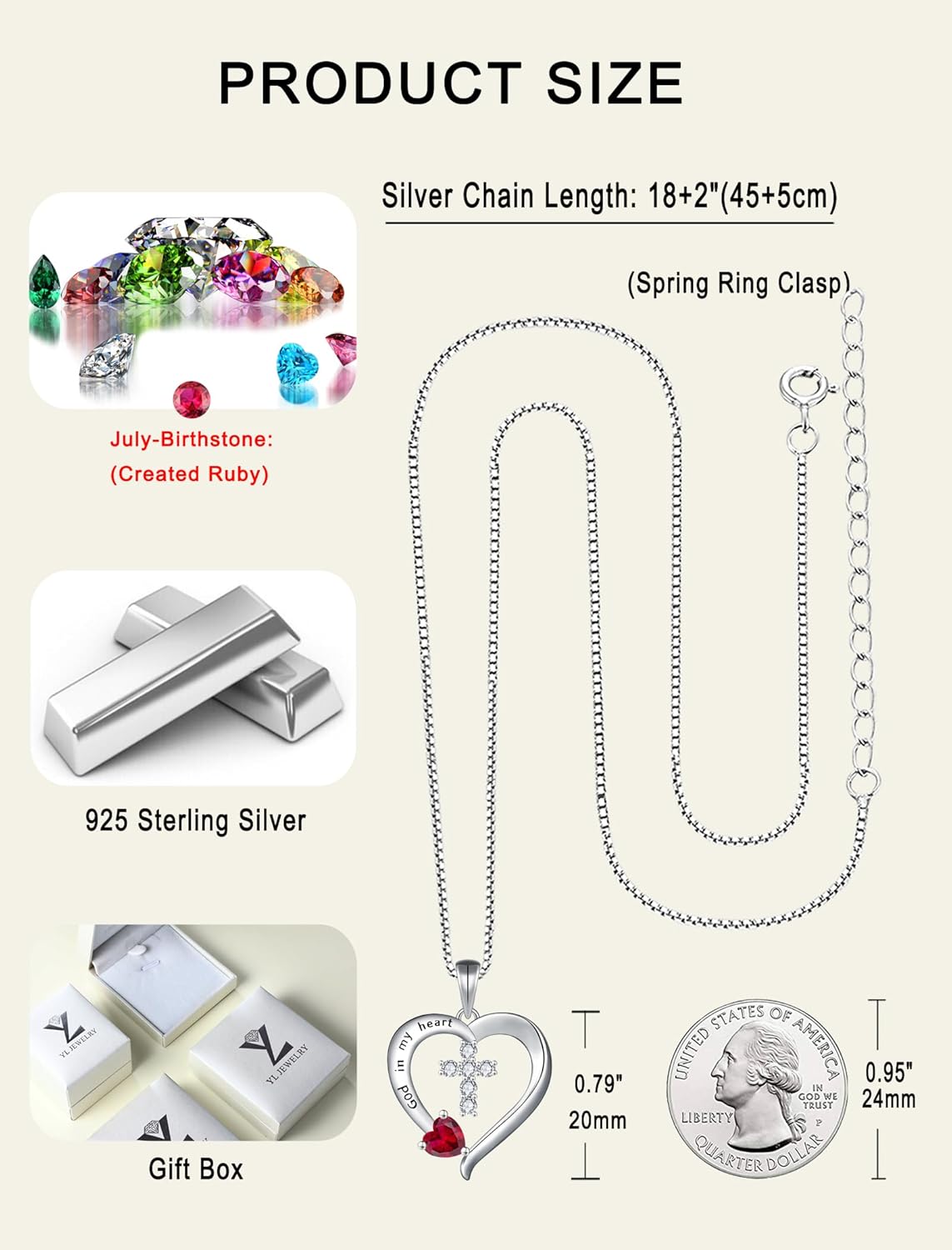 YL Women's Heart Cross Necklace 925 Sterling Silver Birthstone Pendant God in My Heart Jewelry - Image 6