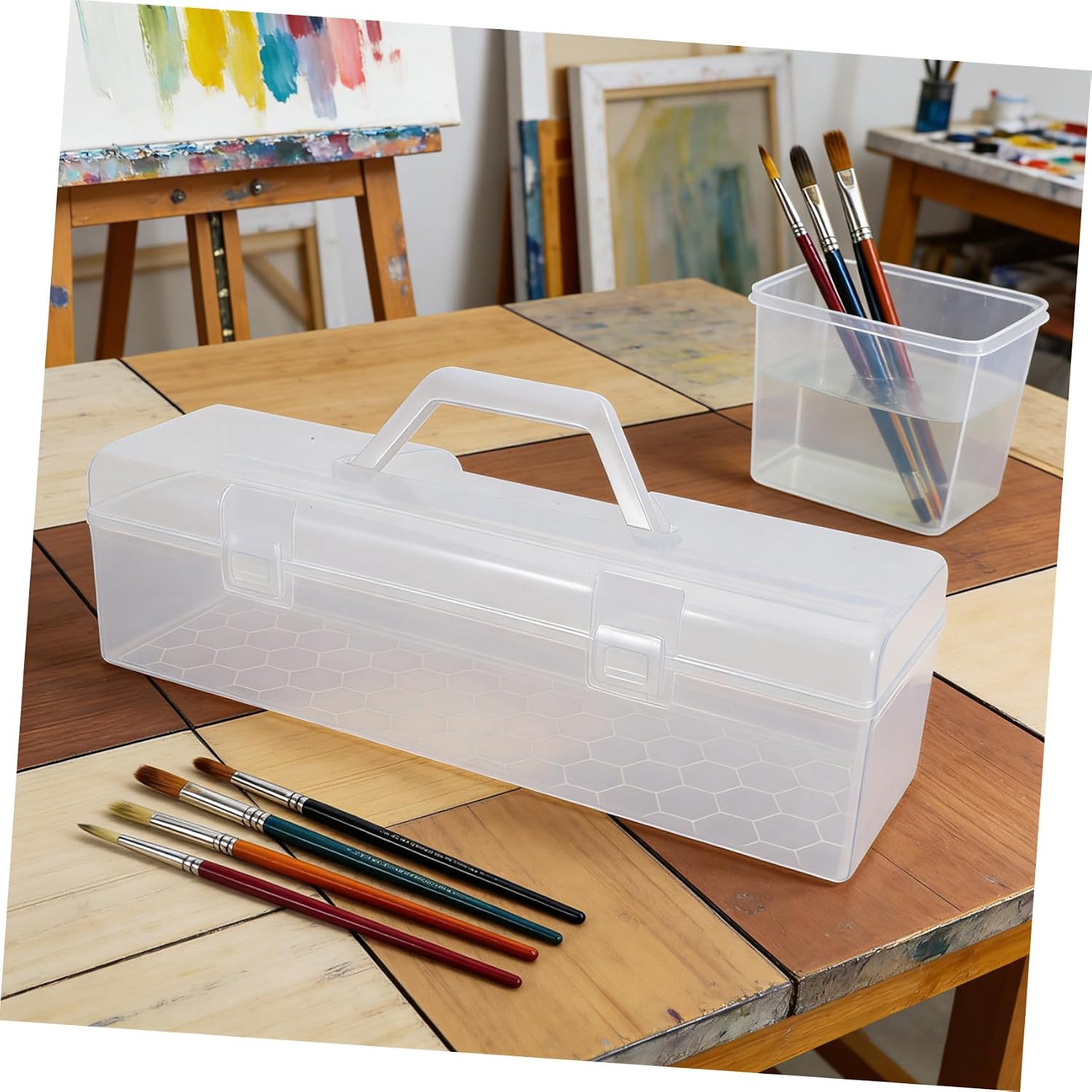YARNOW 2pcs Storage Box with Handle for Drawing Tools and Pencils, Portable Plastic Craft Organizer with Snap Closure, Space Optimization and Enhanced Durability, for School and Travel