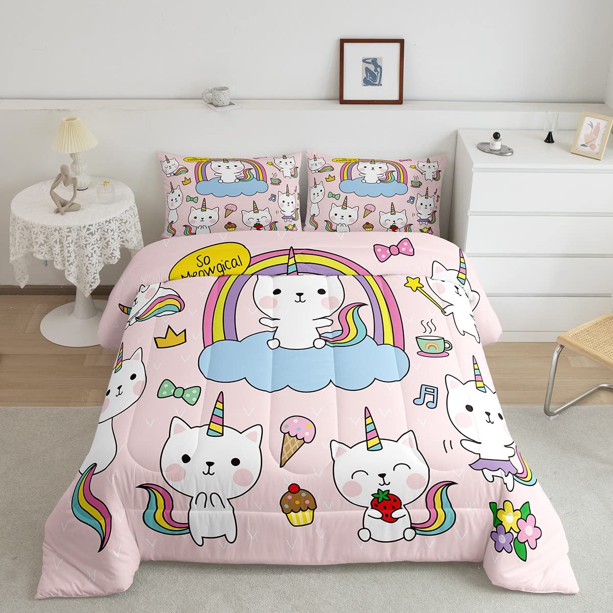 Feelyou Galaxy Unicorn Cat Comforter Set – Twin Size Kids Bedding With Stars & Rainbows - View #9