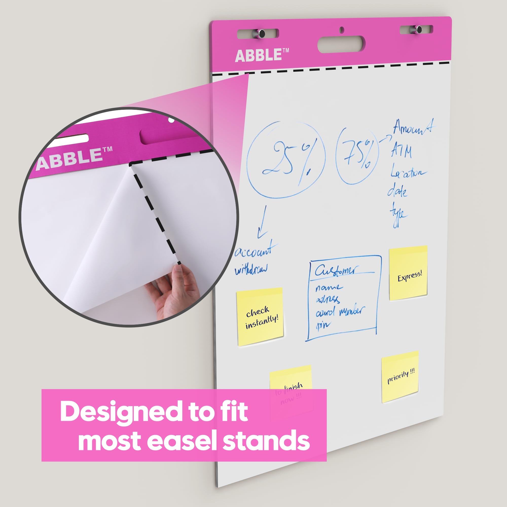 Super Sticky Staffeleiblock, 63,5 x 76,2 cm, 30 Blatt/Block, 8 Blöcke/Packung (Rosa), großes selbstklebendes Flipchart-Papier für Whiteboards, hochwertiges weißes Kartenpapier für Lehrer, Büro und