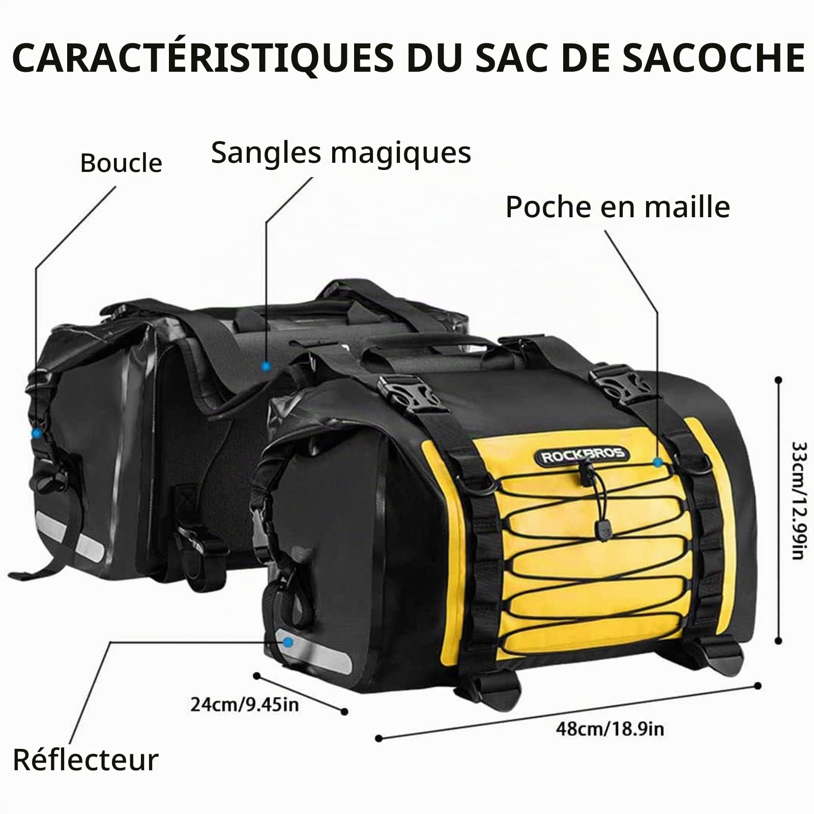ROCKBROS Sacoche de Selle Moto Rangement Arrière Etanche Sac de Voyage 55/62L Grande Capacité Sangle Réglable Universel Noir Gris Jaune