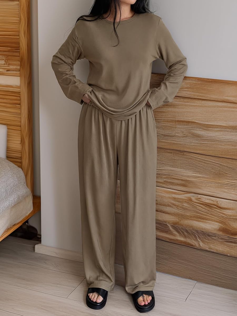 Women 2 Piece Loungewear Set Long Sleeve Crewneck Top and Wide-Leg Pants Relaxed Fit Outfit for Home Fall Clothes