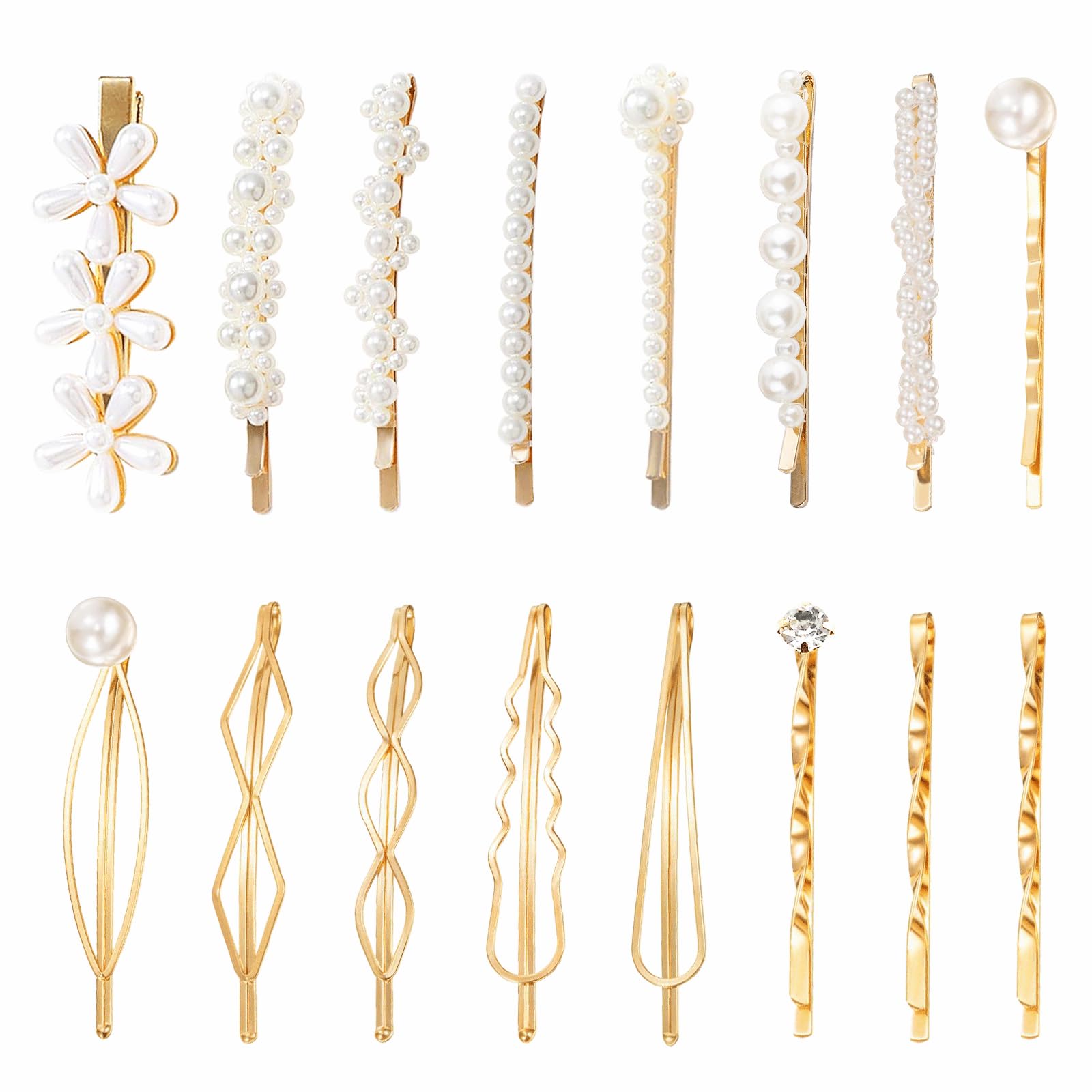 Hair Pins, 16pcs Vintage Pearl Hair Bobby Pins Metallic Flower Barrettes Combination Hair Clips for Women Girls, Minimalist Hair Decorative Wedding Dainty Accessories Gold1