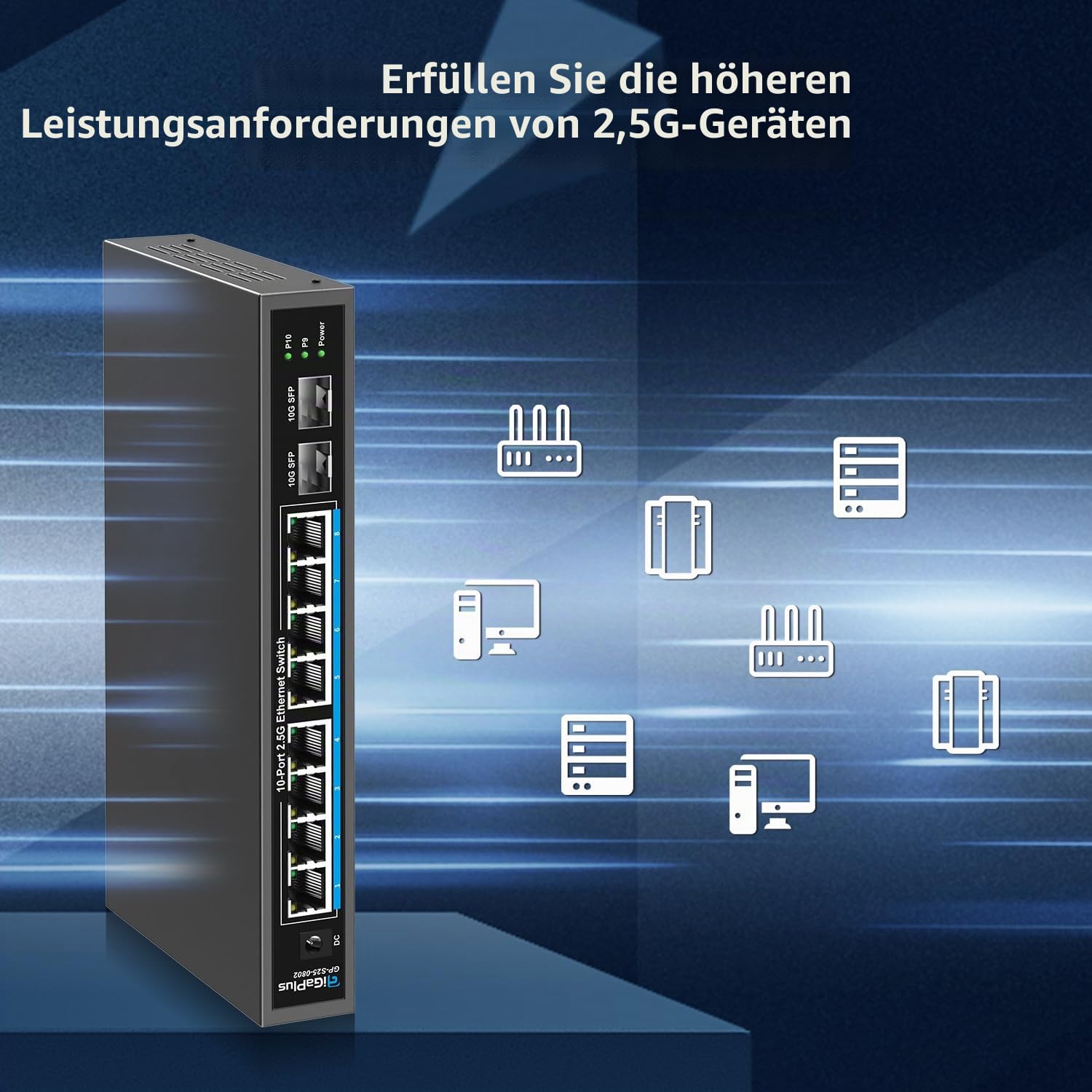 10 Port 2.5Gb Unmanaged Ethernet Switch mit 8* 2.5G Base-T Ports, 2* 10G SFP+ Ports. GiGaPlus 2.5Gbps Netzwerk Switch für 2.5Gbps NAS/PC, WiFi6 Router, Wireless AP. Lüfterloses Design, Plug and Play
