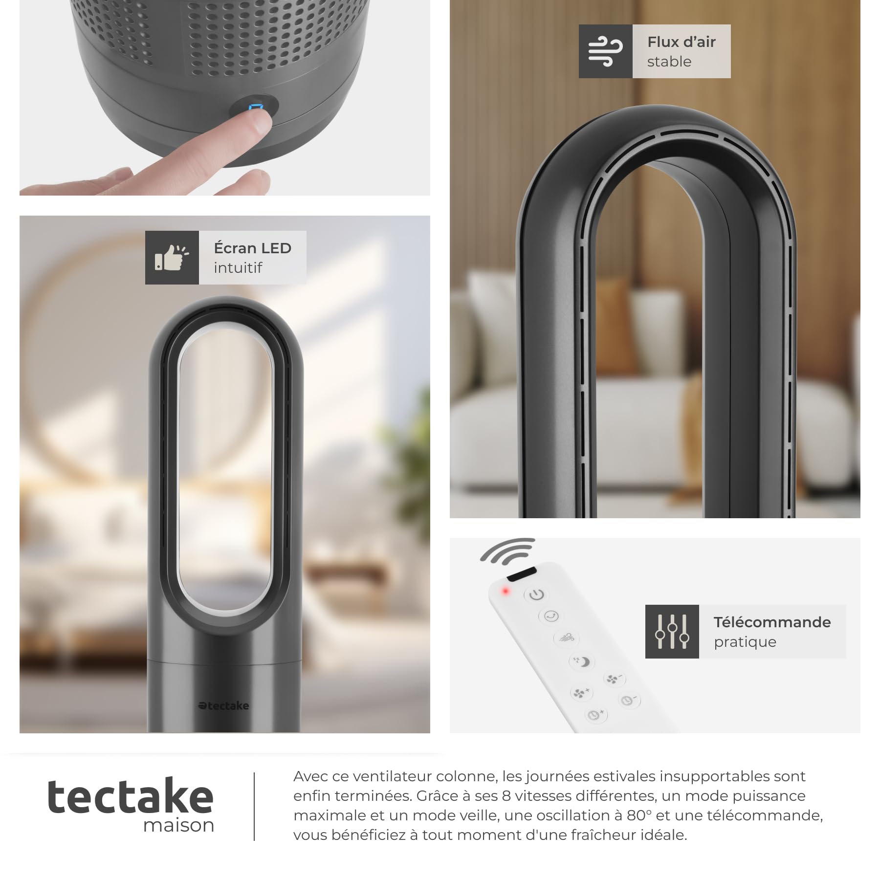 tectake® Ventilateur Colonne Ventilateur Silencieux & Oscillant 80°, 8 Vitesses Minuterie avec Télécommande Ecran LED Ventilateur portable pour Bureau Chambre Salon Maison - Gris anthracite