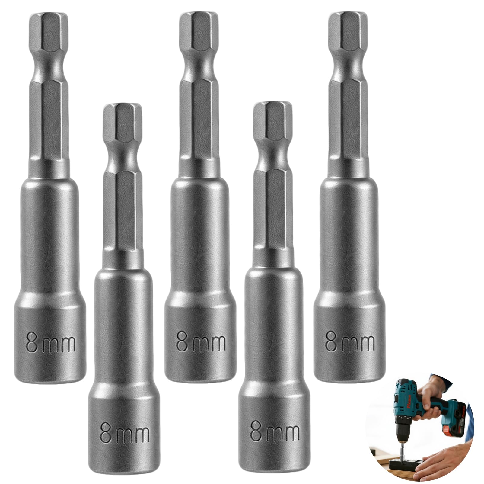 5pcs 1/4" Hex Shank 8mm Magnetic Hex Socket, Magnetic Nut Driver 65mm Length Magnetics Nut Setter Driver Drill Bit Set for Impact Tools, Electric Screwdriver, Auto Repair, Woodworking (Silver)