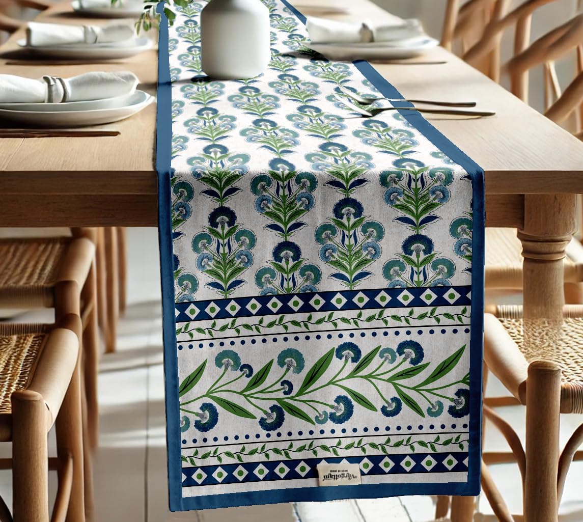 Premium Cotton Table Runner - Lightweight Double Layer - Border Design - Machine Washable Farmhouse Table Decor - Floral