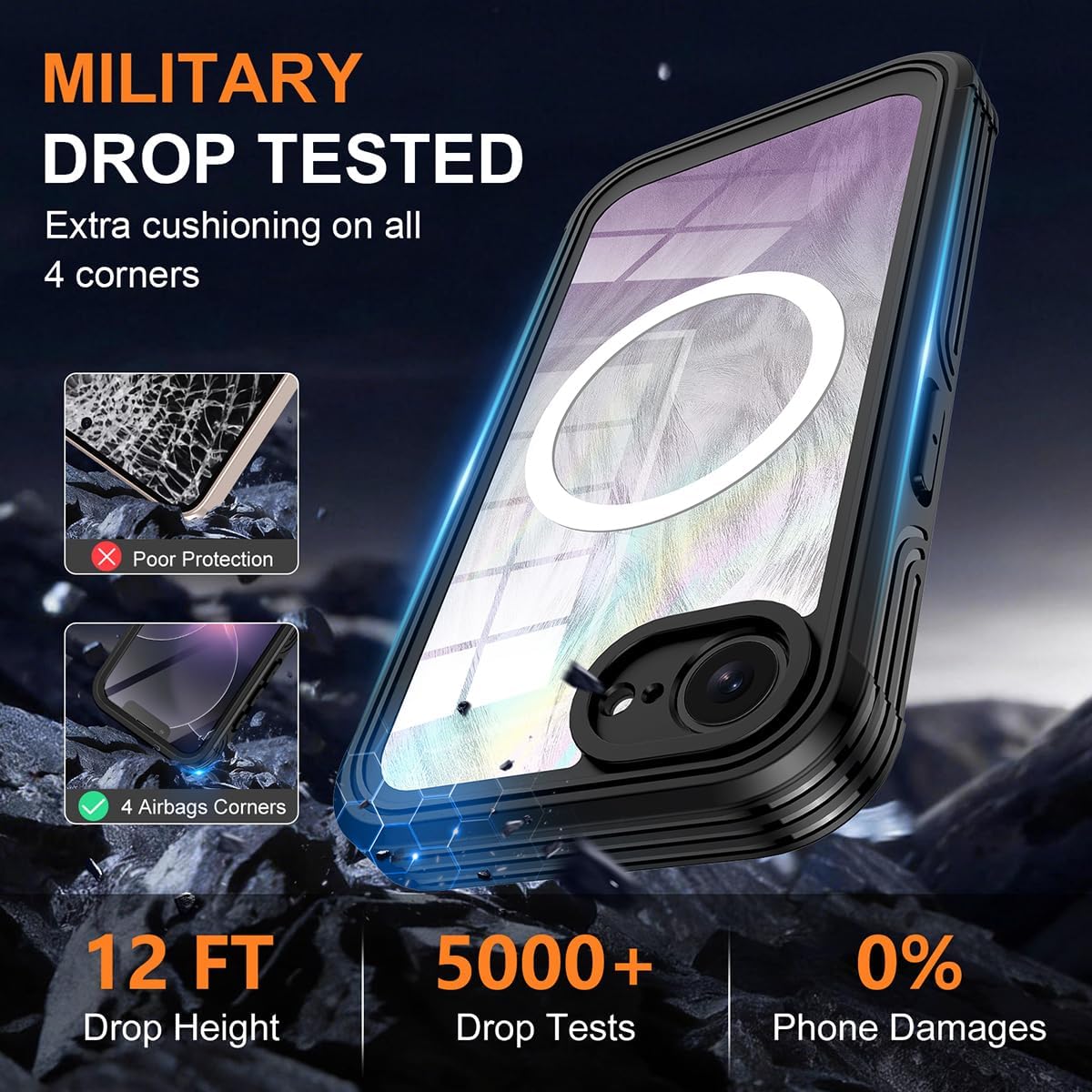 Bizzib for Apple iPhone 17e/16e Case Compatible with MagSafe Built-in 9H Screen Protector & Camera Lens Guard Military Grade Full Body Protection Shockproof Phone Case Cover,Black Glitter