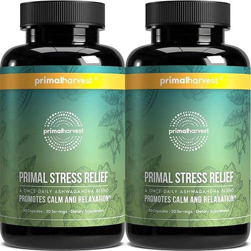 Primal Harvest Suplemento para aliviar el estrés para mujeres y hombres, extracto puro de raíz de ashwagandha, suplementos de L-teanina, 60 cápsulas