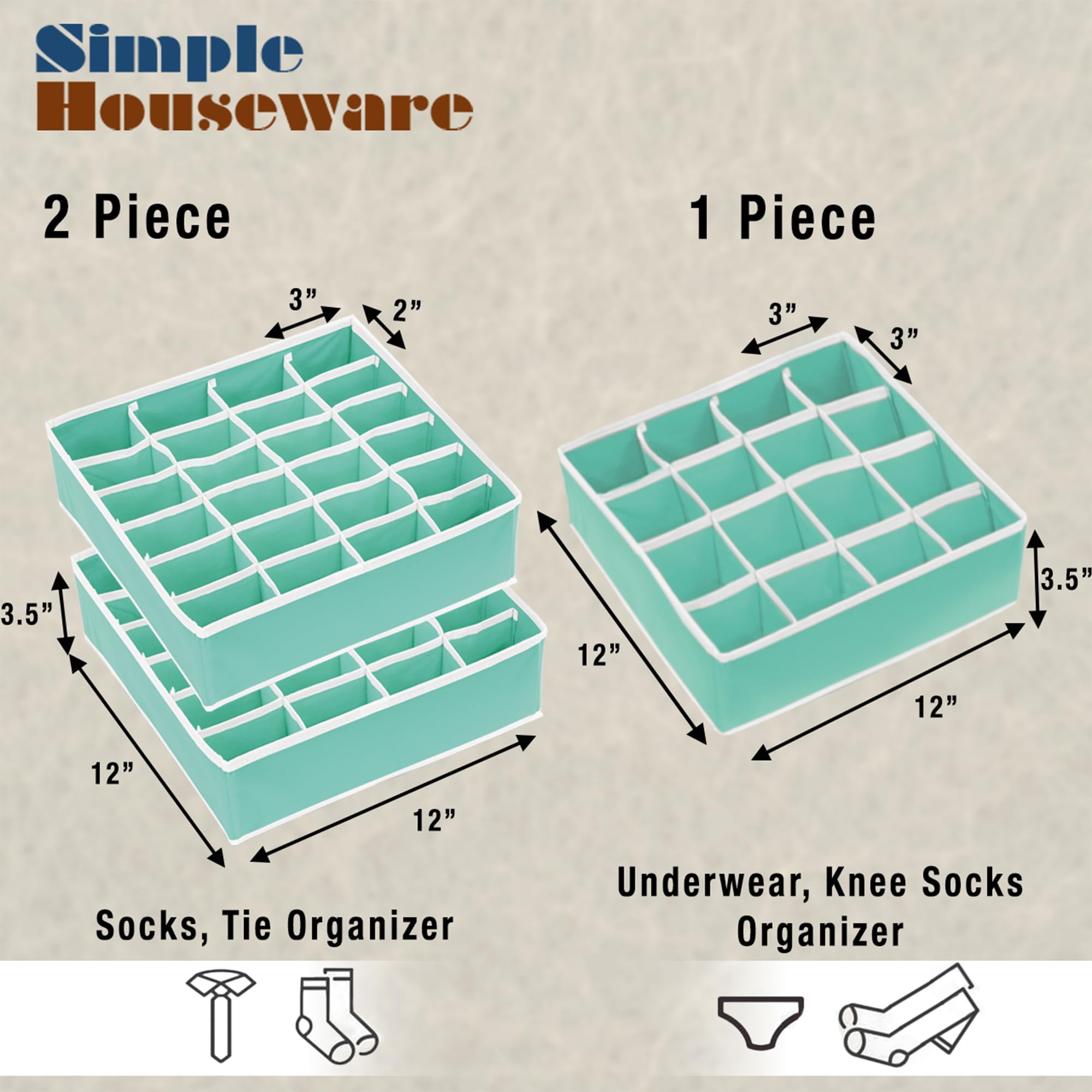 Simple Houseware Sock Drawer Organizer for Dresser/Closet/Bedroom, 3 Pack, Turquoise