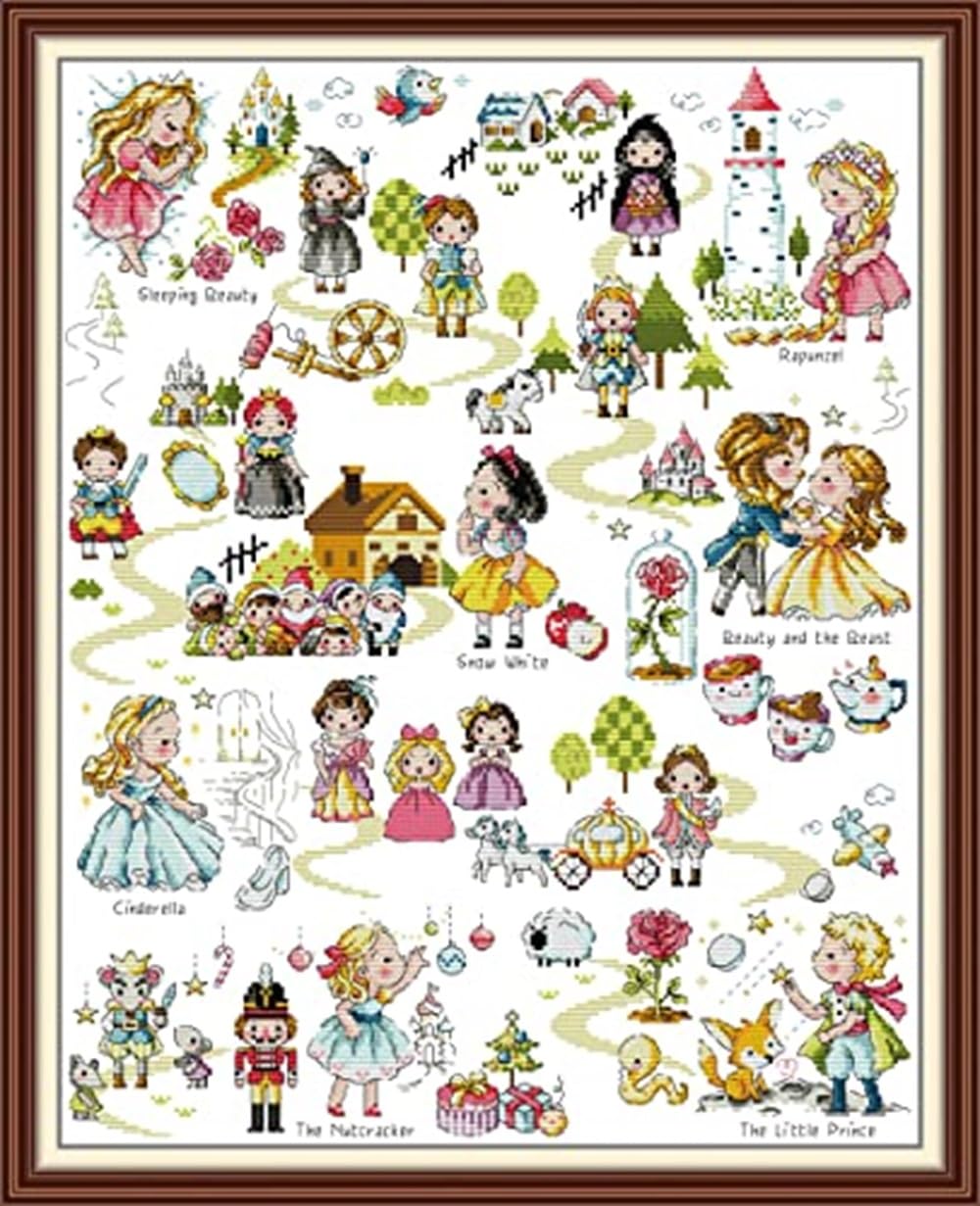 Rosyfoxes Cross Stitch Kits Stamped Full Range of Embroidery Starter Kits for Beginners DIY 14CT 2 Strands - Printed kit Fairy Tale World(Printed) 18.11×22.44 inches