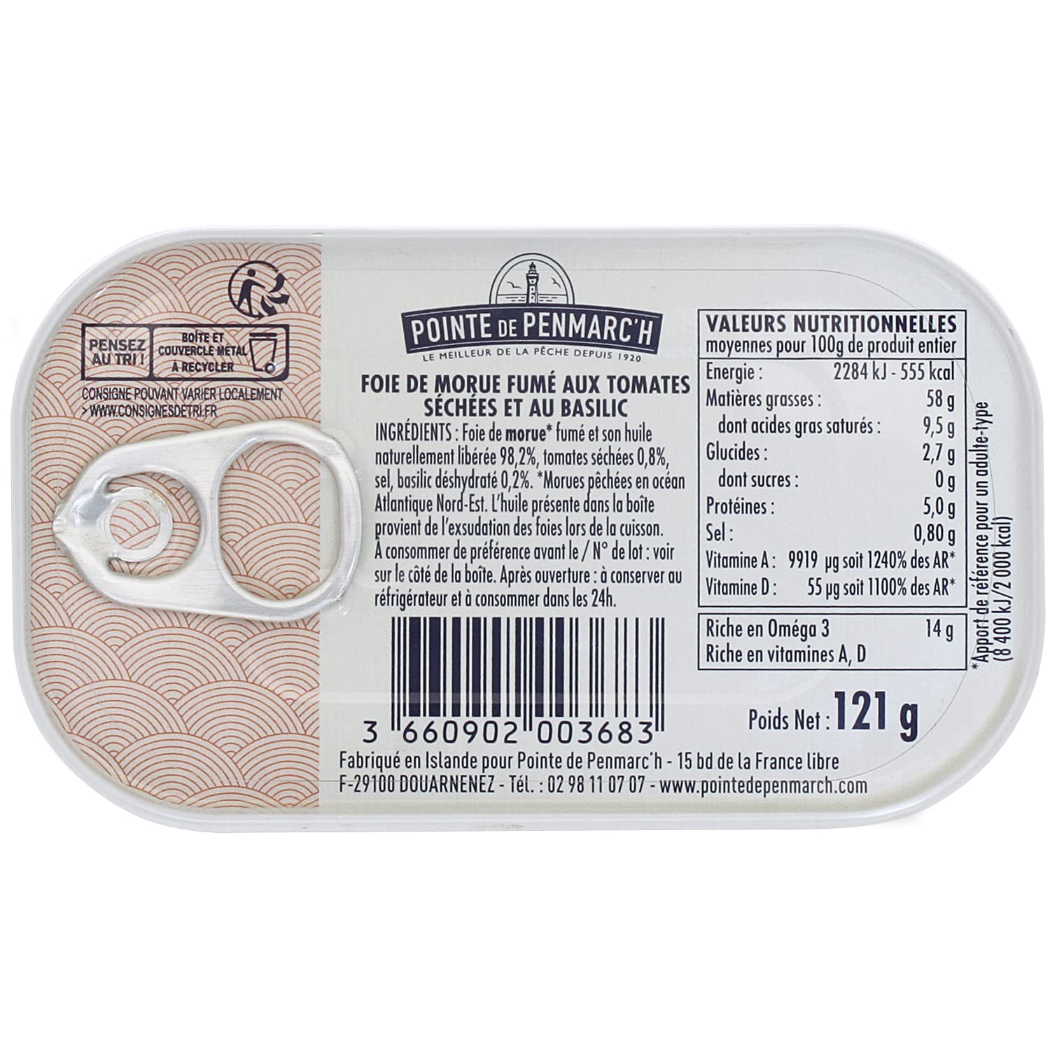 Foie de morue aux tomates séchées et au basilic Pointe de Penmarc'h le lot de 6 boîtes de 121 g - Livraison en 2 à 3 jours ouvrés depuis la Bretagne