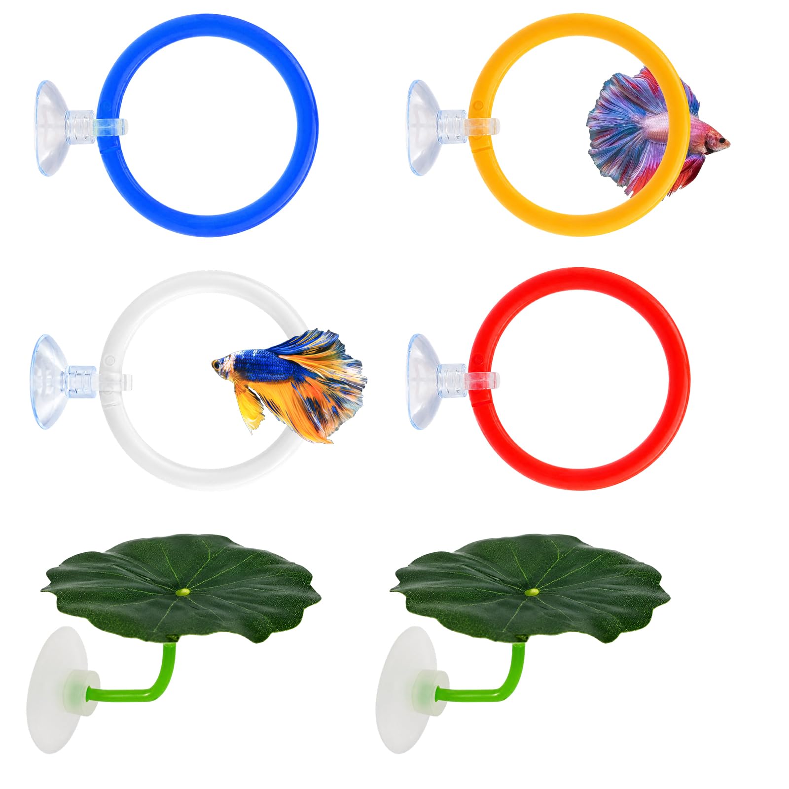 4PcsBetta Fish Accessories, Betta Fish Tank Training Rings and Hammock Leaves, Aquarium Decorations for Fish Enrichment, Set of Four Training Rings and Two Resting Leaves, Compact Size 10x5.7x3 Cm