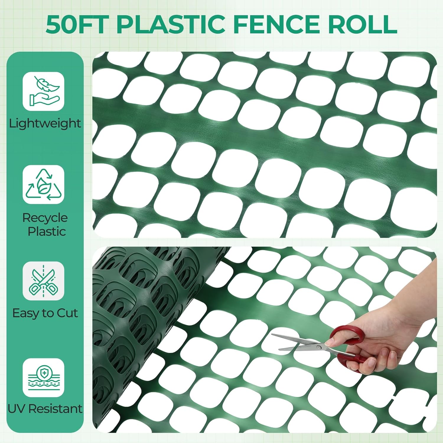 Ohuhu Plastic Garden Fence Safety Fence, 4'x50'/7.5LB Reusable Netting Plastic Mesh Fence Roll, Temporary Fencing for Animal Barrier Construction Snow Fence Poultry Rabbits Chicken Dogs Deer