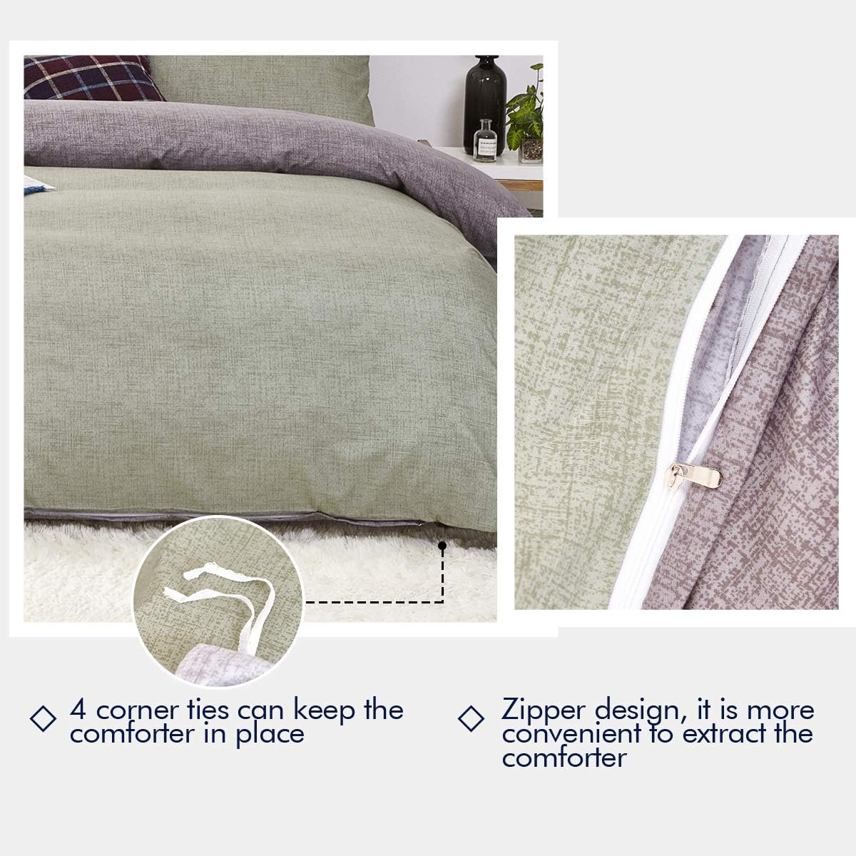 Eternal Moment 3 Piece Solid Color Microfiber Duvet Cover Set, Ultra Soft and Durable, Duvet Cover and 2 Pillowcases, Light Green-King