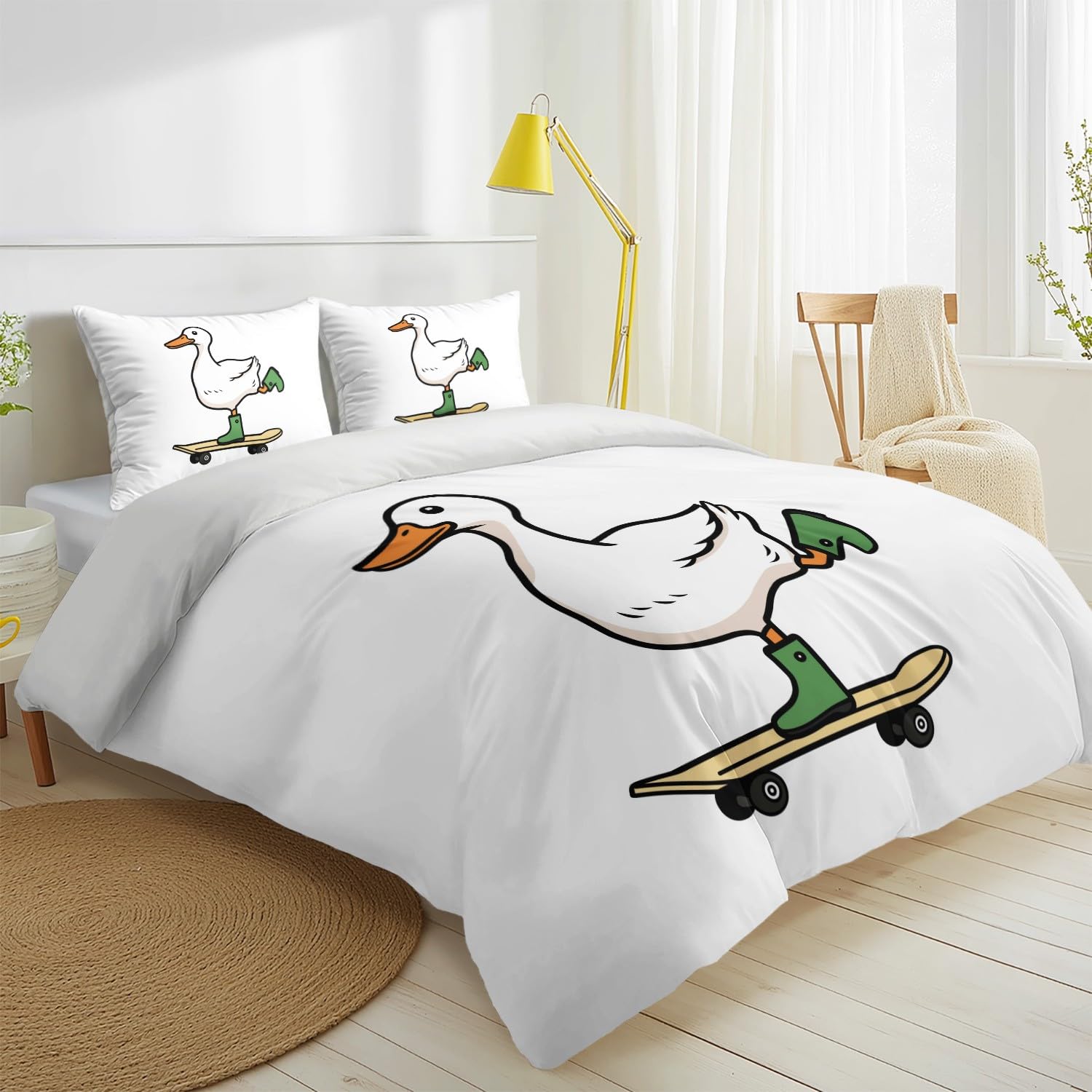 Cartoon Animal Super King zestaw poszewek na kołdrę dla dorosłych, dzieci, chłopców, dziewcząt, urocza kaczka, deskorolka, zestaw pościeli, ultramiękkie, dwustronne, 3-częściowe poszewki na kołdrę z 2