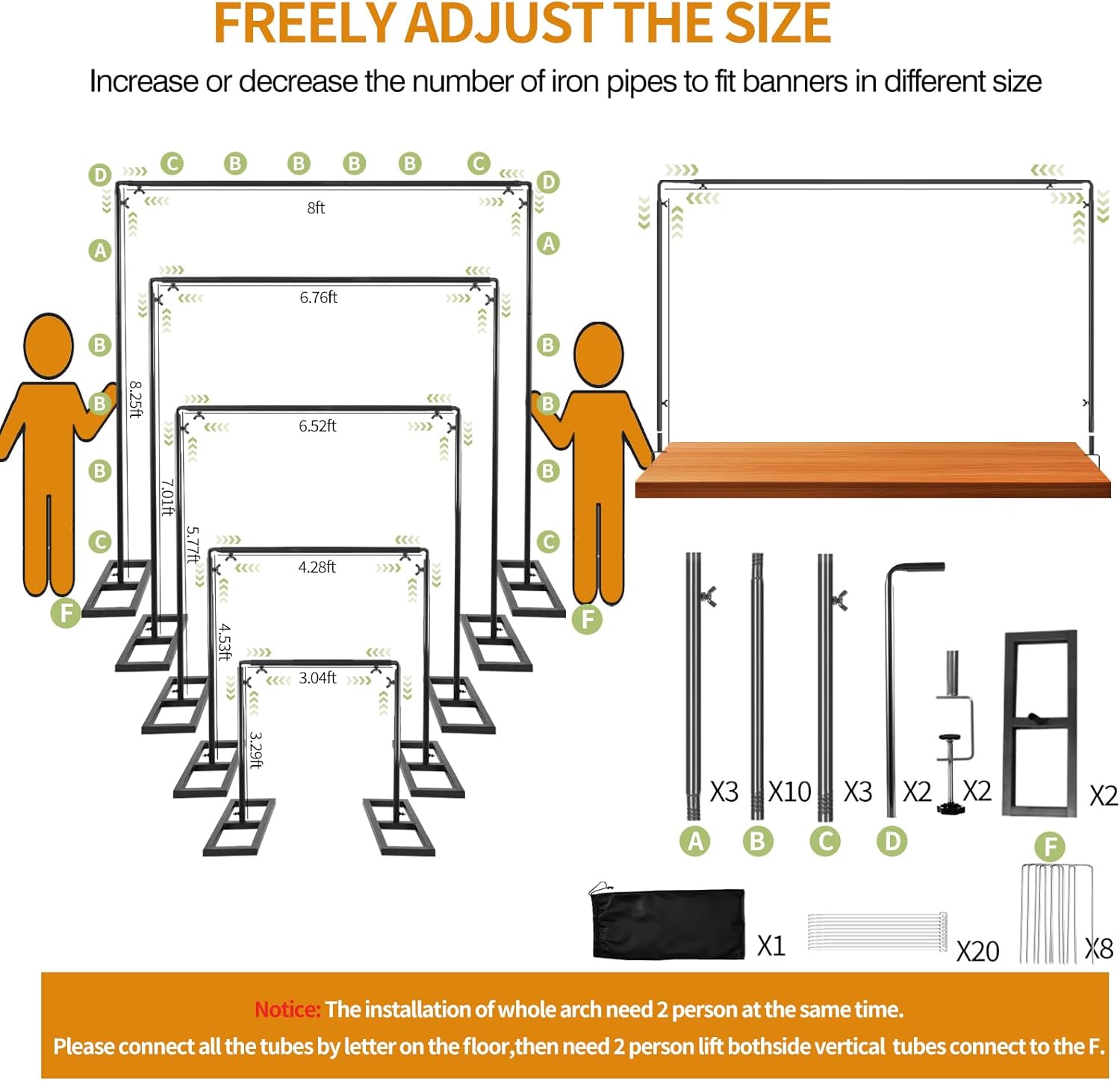 8.2FT Square Wedding Arch, Metal Black Heavy Duty Balloon Arch Adjustable Stand, Photoshoot Backdrop Stand Kit, Change Over The Table Rod Stand with Clamps for Baby Shower Party